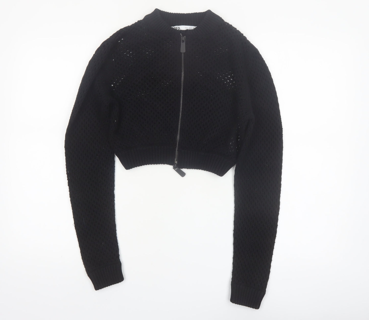 ZARA Women’s Black Cotton Open-Knit Full Zip Cropped Jumper Size 12