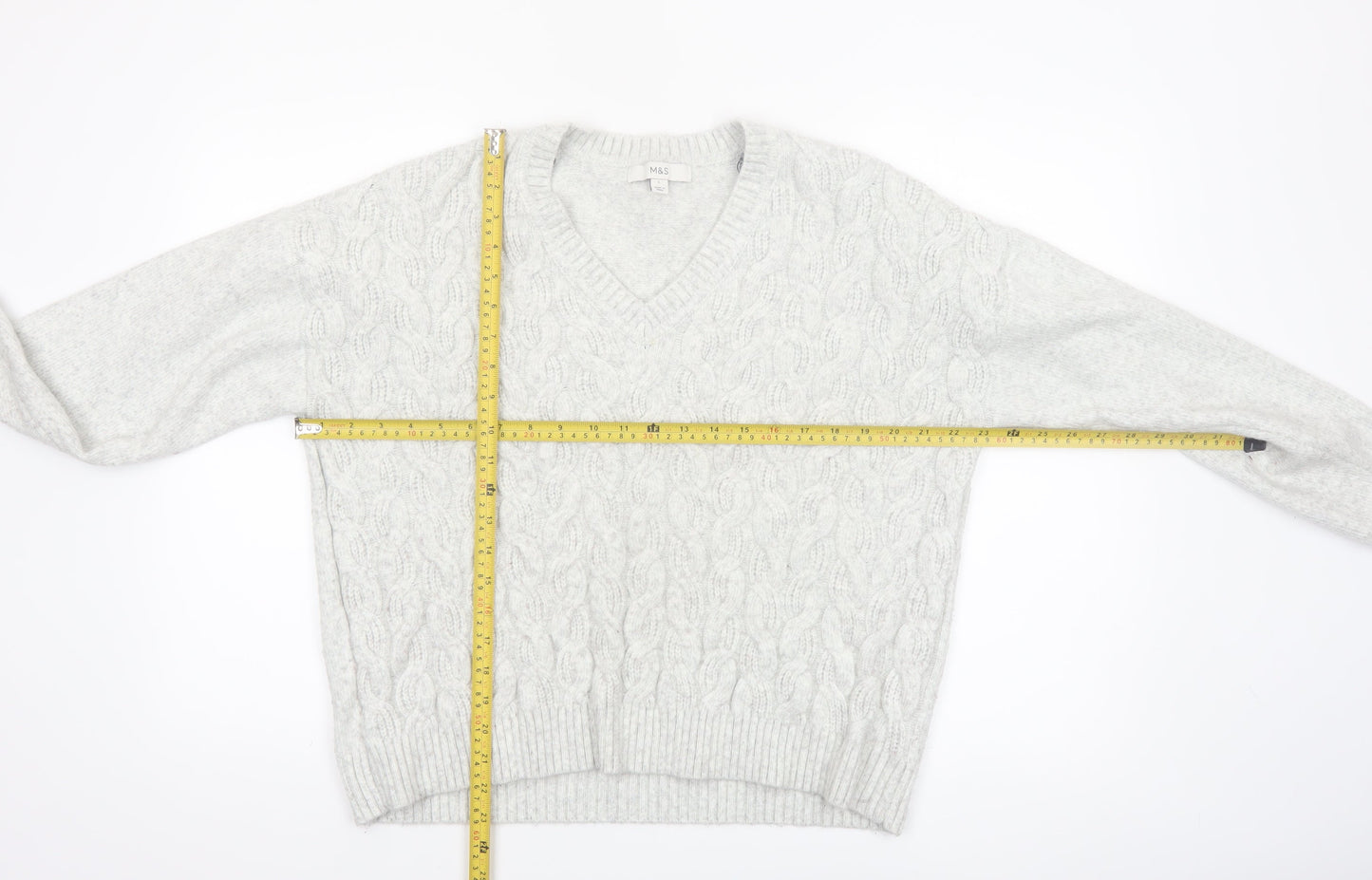Marks and Spencer Women Grey V-Neck Cable Knit Jumper L