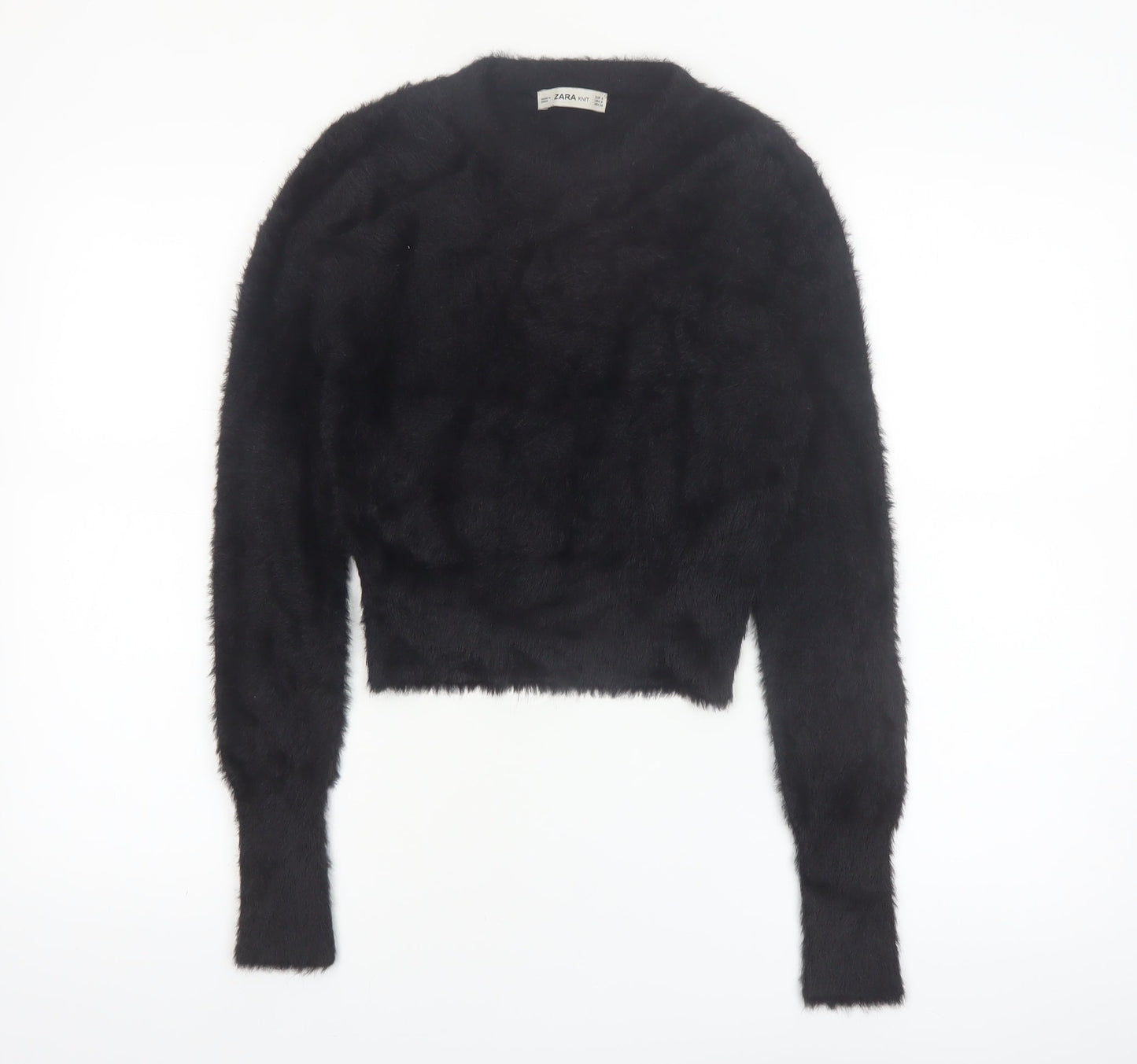 Zara Women Black Fluffy Knit Long Sleeve Pullover Jumper Size S