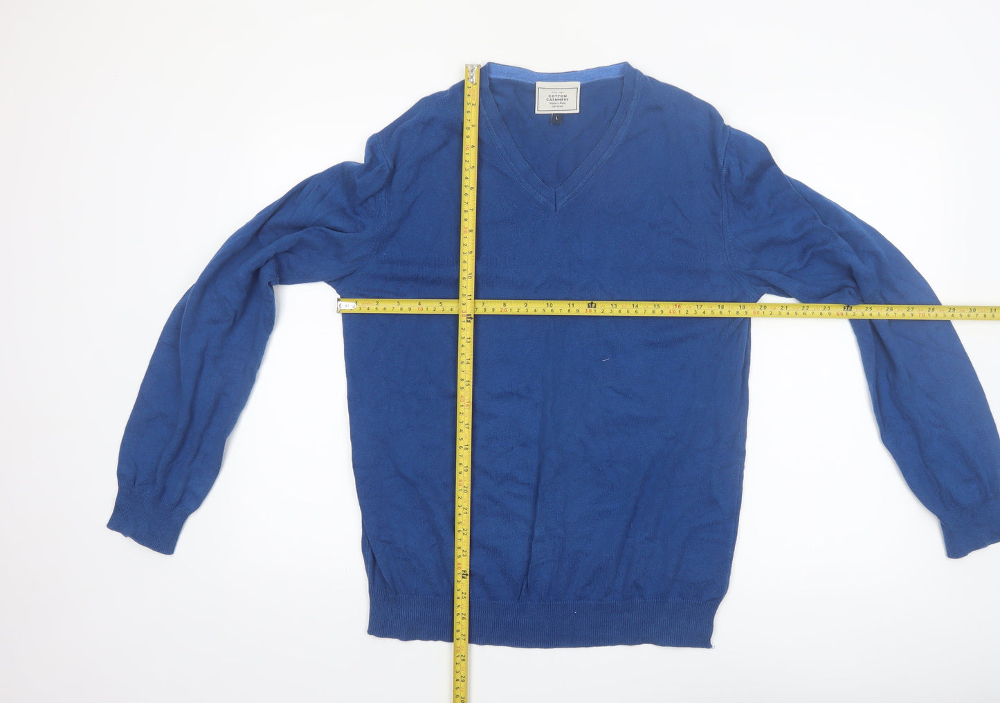 John Lewis Men's Blue V-Neck Cotton Cashmere Jumper Size L