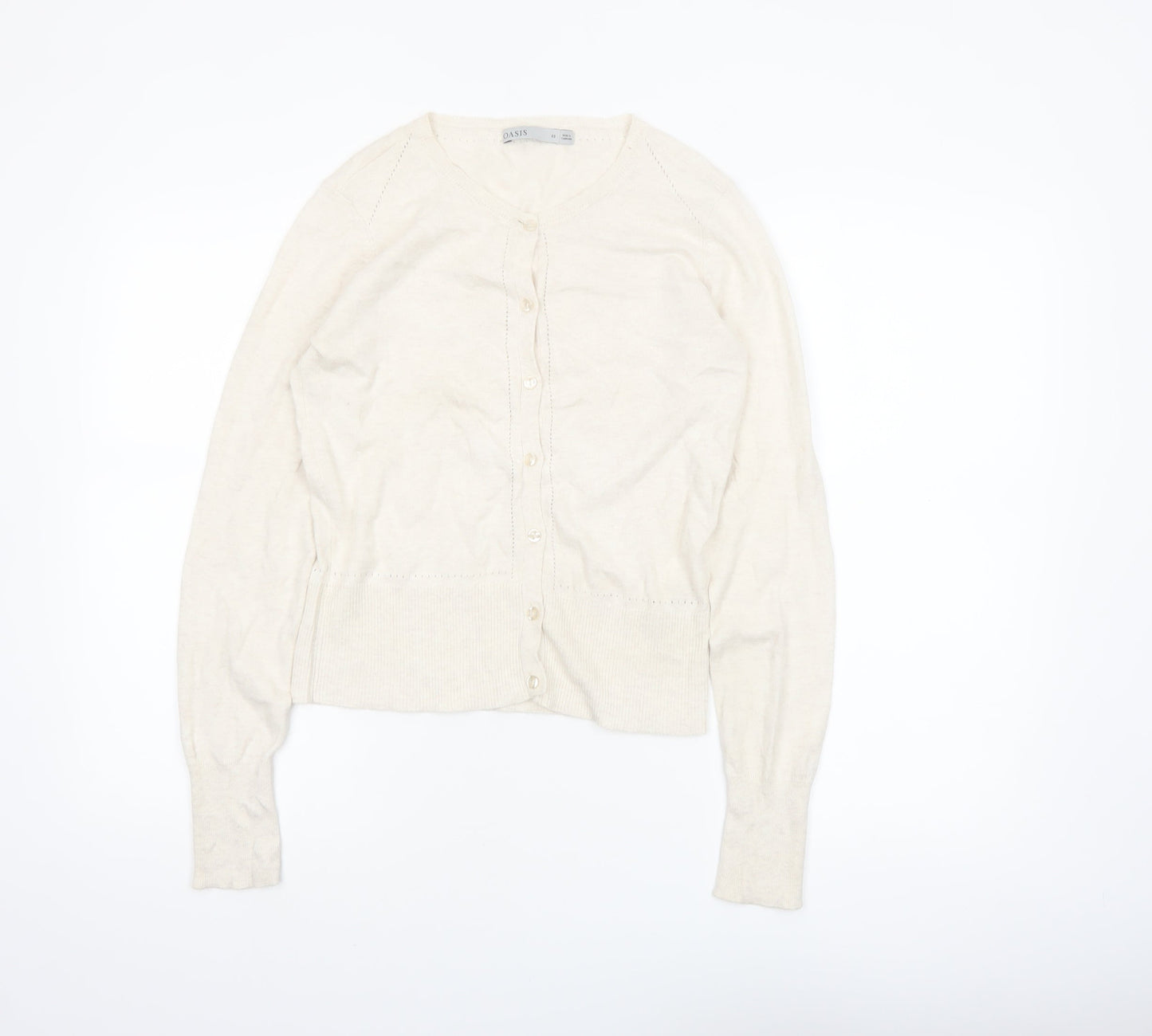 Oasis Women Ivory Cotton Long Sleeve Crew Neck Cardigan XS