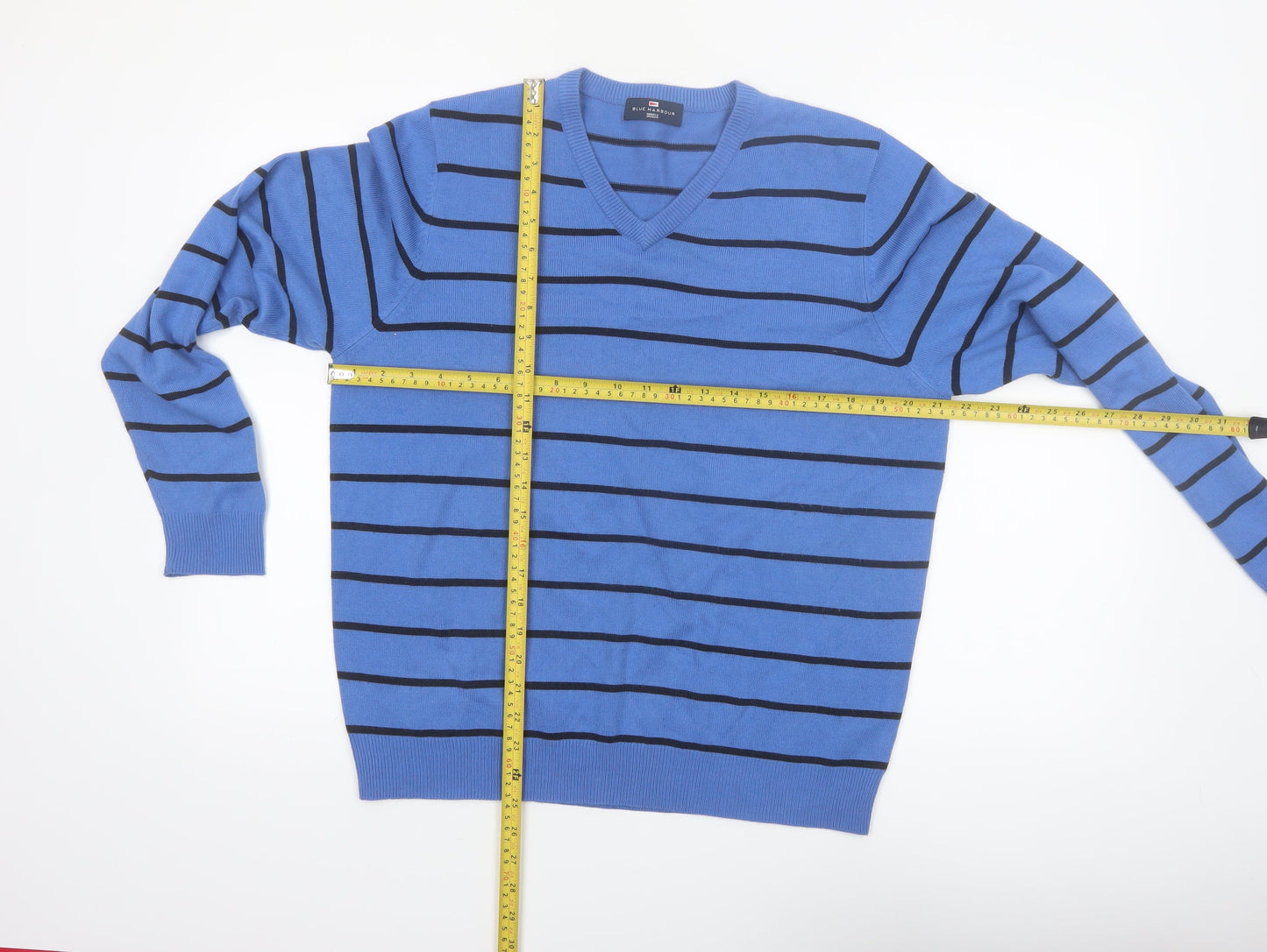 Marks and Spencer Men's Blue Striped V-Neck Jumper Medium