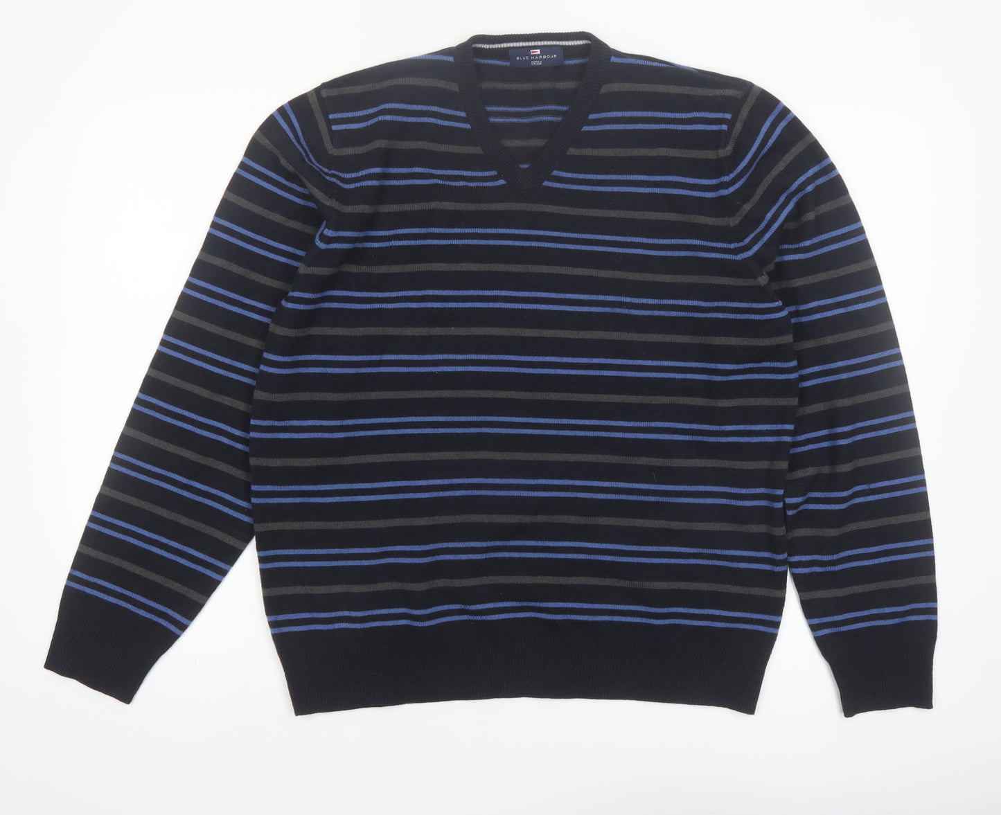 Marks and Spencer Mens Navy Mix V-Neck Striped Jumper Medium