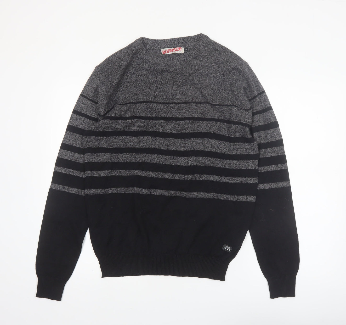 Burnside Mens Grey Striped Cotton Crew Neck Pullover Jumper L