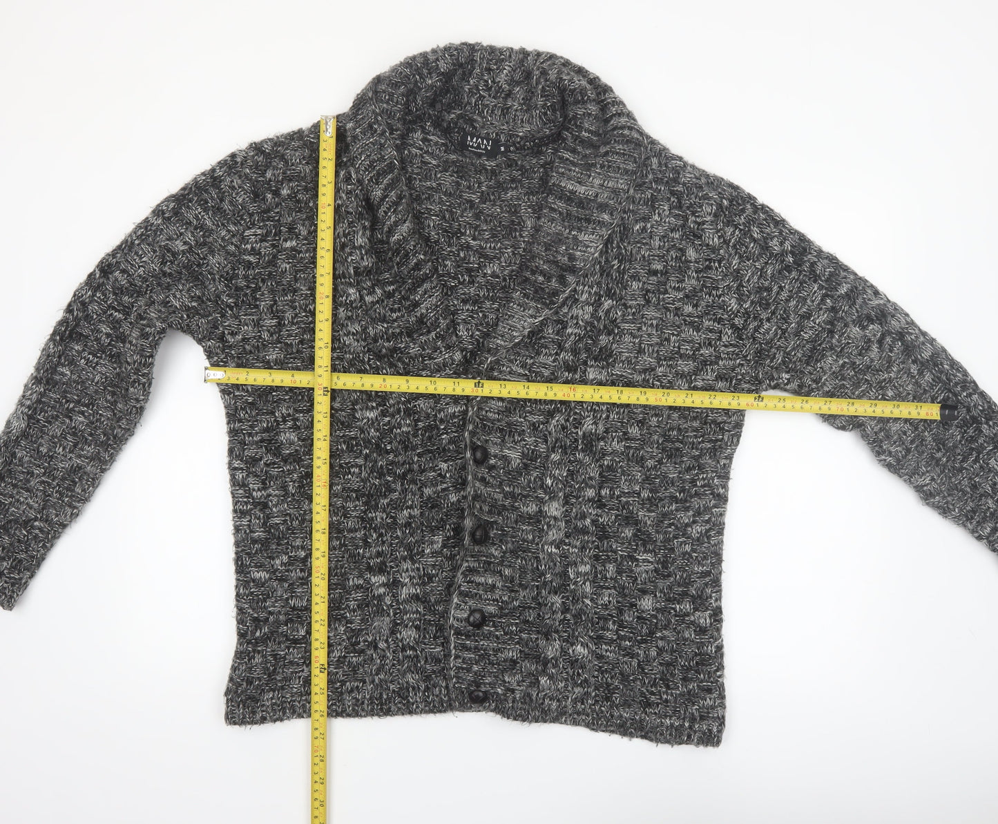 boohooMAN Men's Grey Chunky Knit Shawl Collar Cardigan Size M