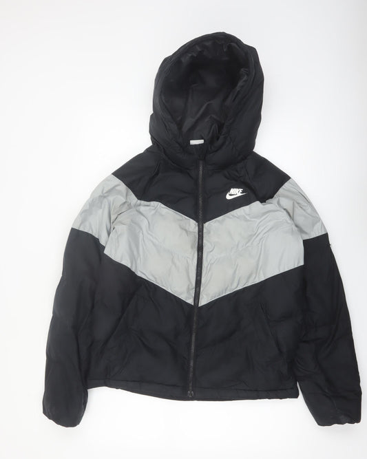 Nike Boys Black Grey Hooded Puffer Jacket XL 158cm Winter Full Zip Coat