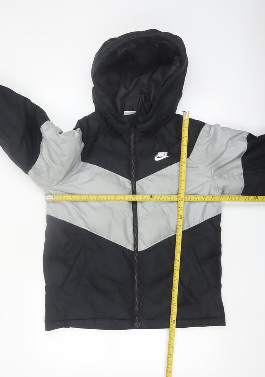 Nike Boys Black Grey Hooded Puffer Jacket XL 158cm Winter Full Zip Coat