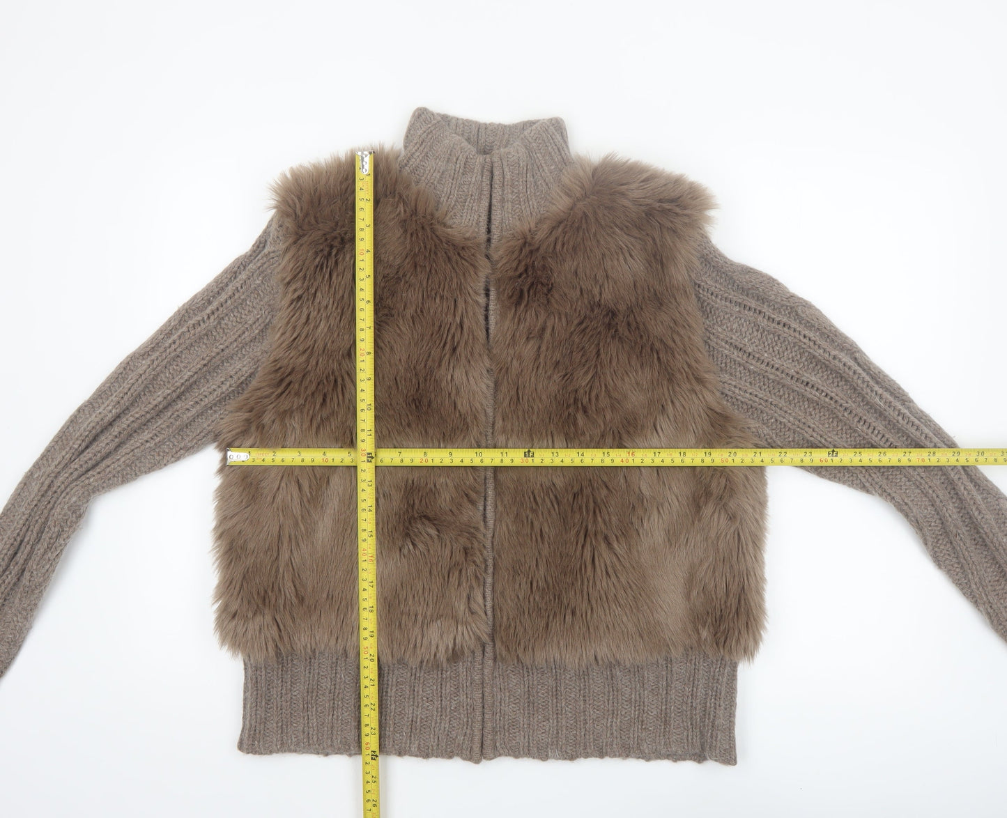 Papaya Women Brown Size 18 Faux Fur Trim Full Zip Knit Jumper
