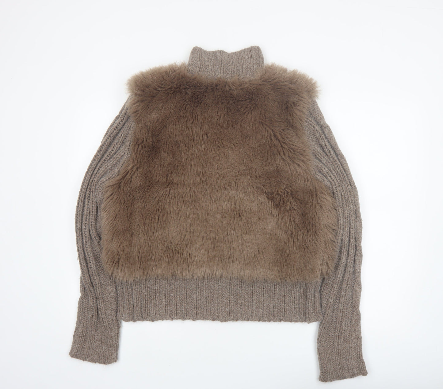 Papaya Women Brown Size 18 Faux Fur Trim Full Zip Knit Jumper