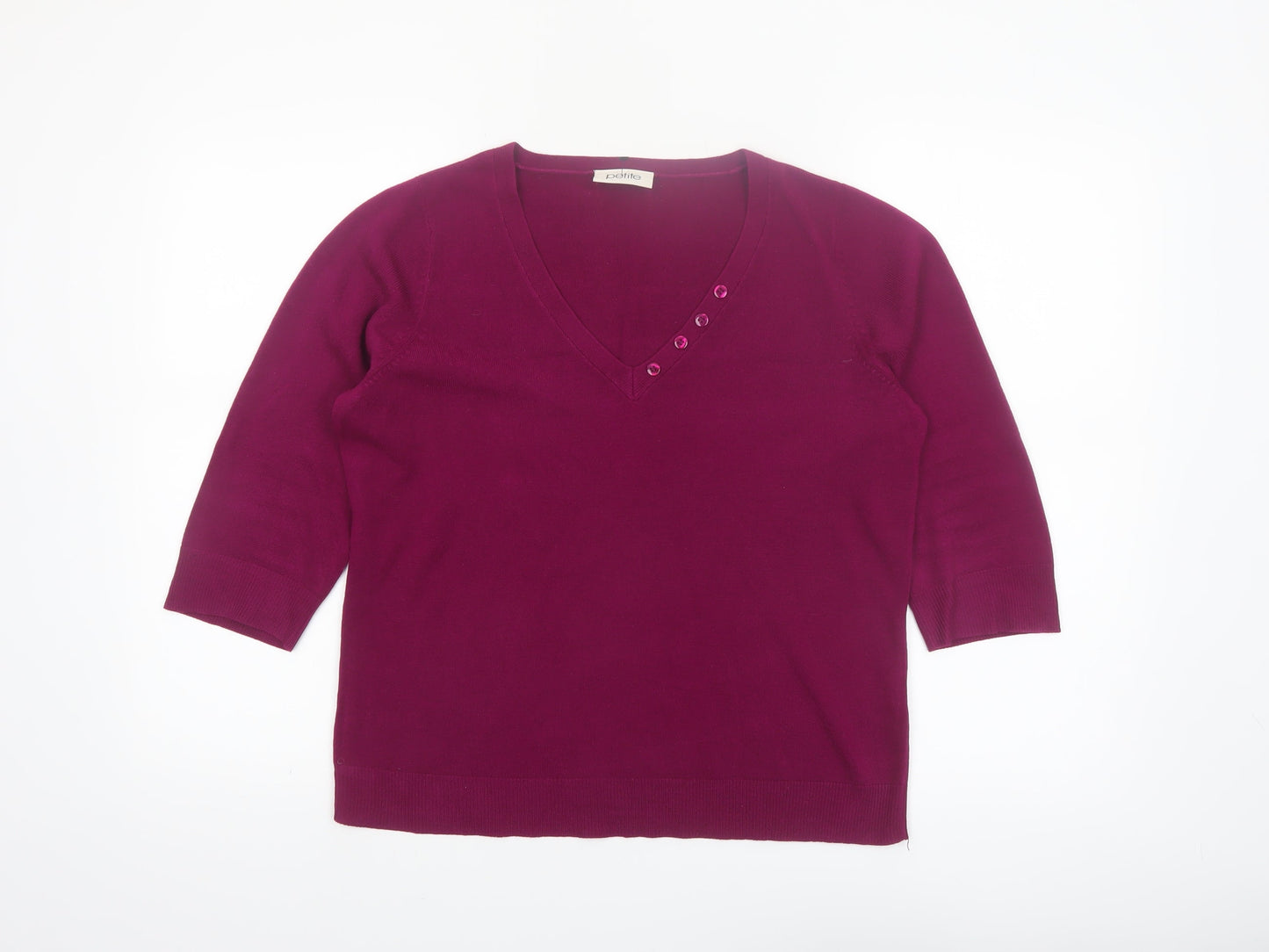 BHS Women’s Petite Hot Pink V-Neck 3/4 Sleeve Acrylic Jumper Size 16