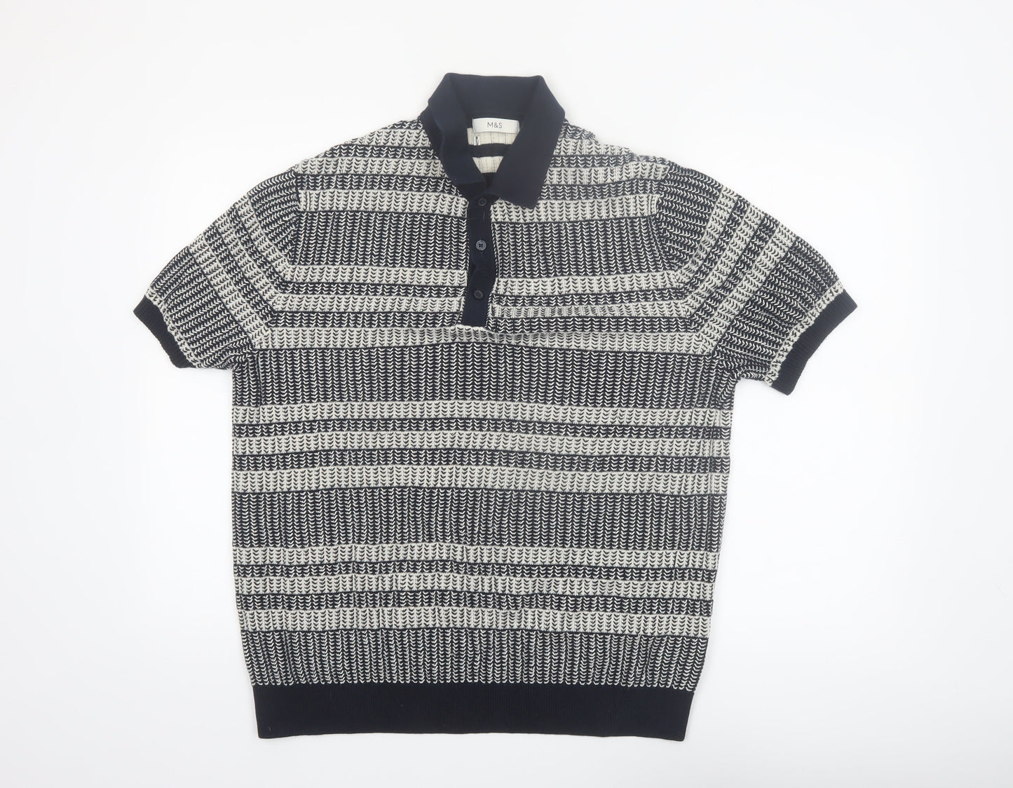 Marks and Spencer Men’s Blue Striped Knit Polo Shirt L Regular Fit