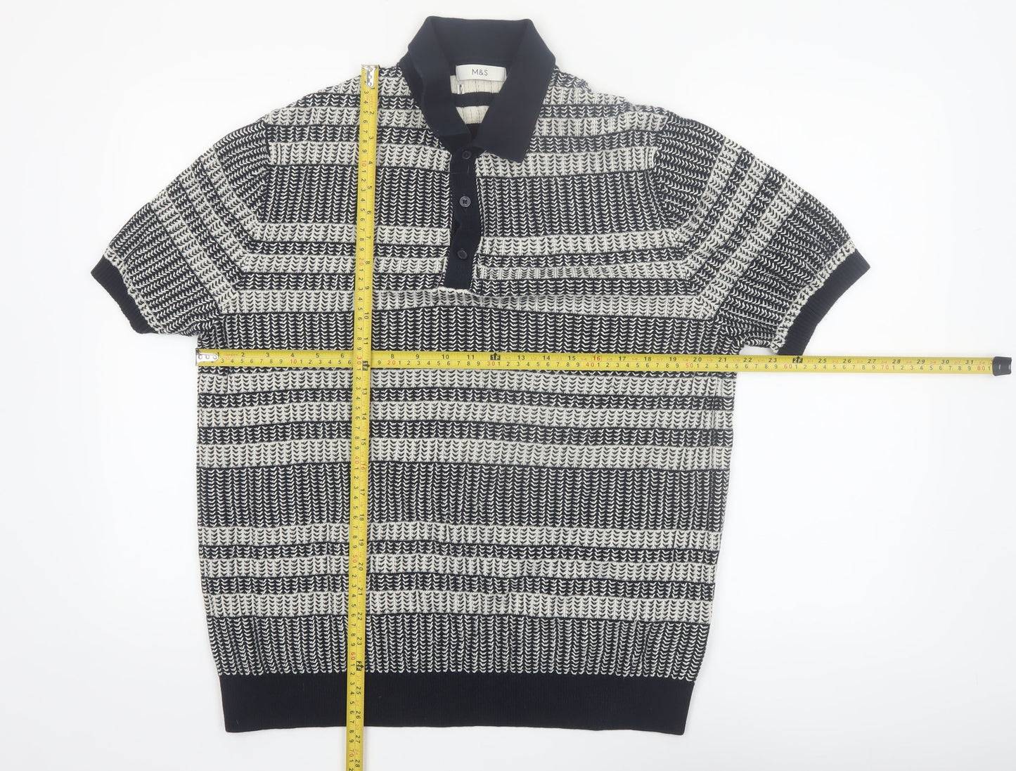 Marks and Spencer Men’s Blue Striped Knit Polo Shirt L Regular Fit