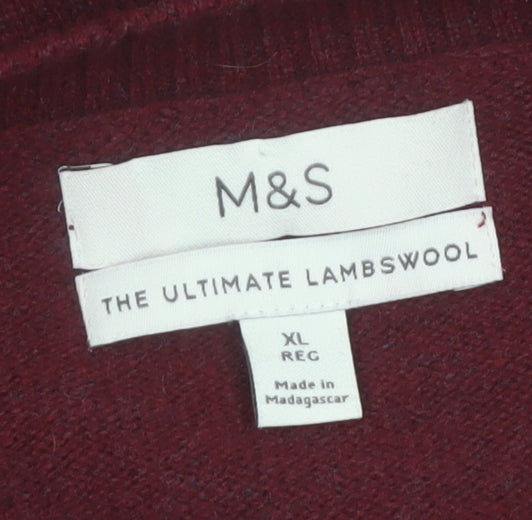 Marks and Spencer Men's Red Wool V-Neck Jumper XL Classic Fit
