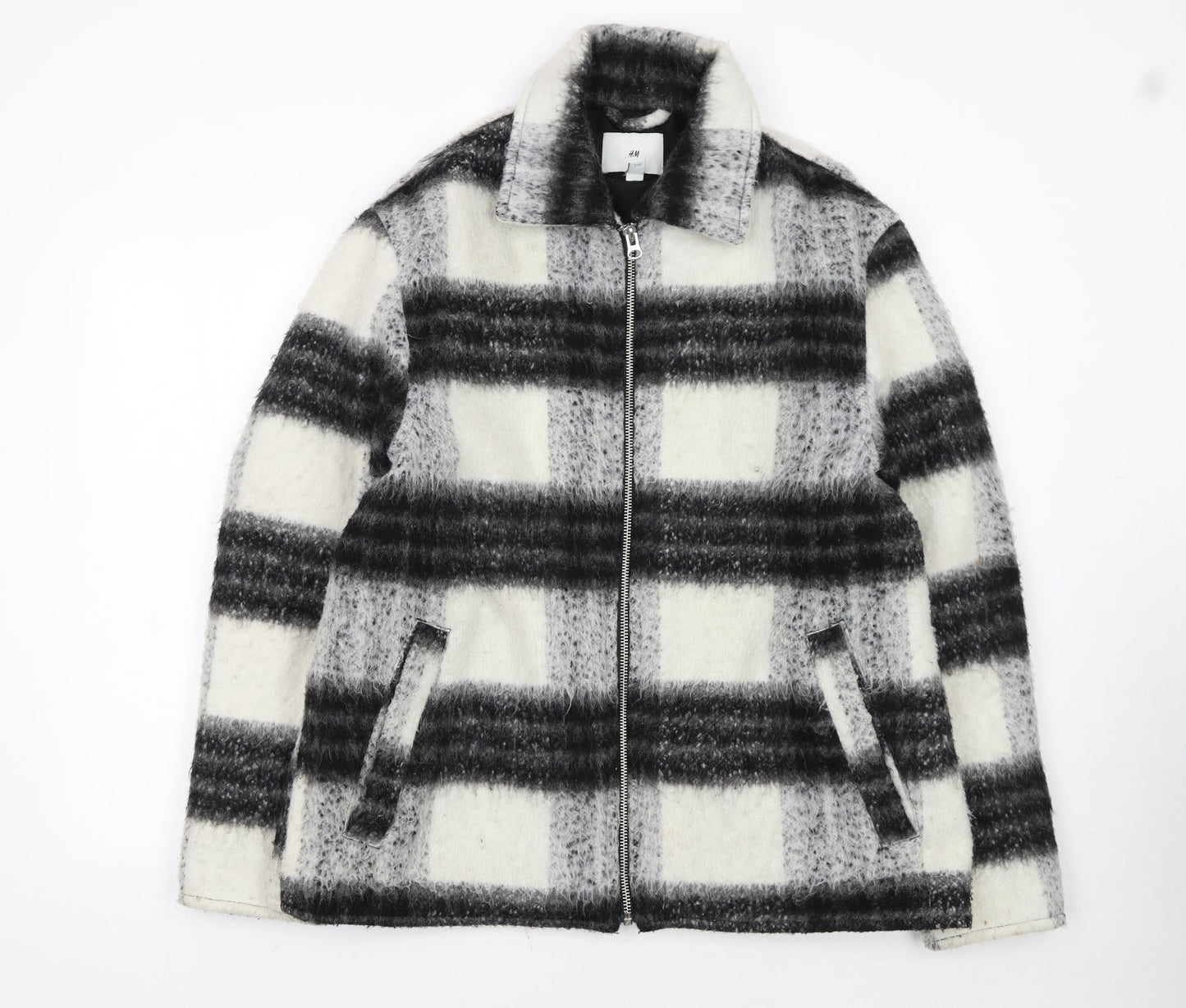 H&M Women's Grey Checked Wool Blend Zip Jacket Size L