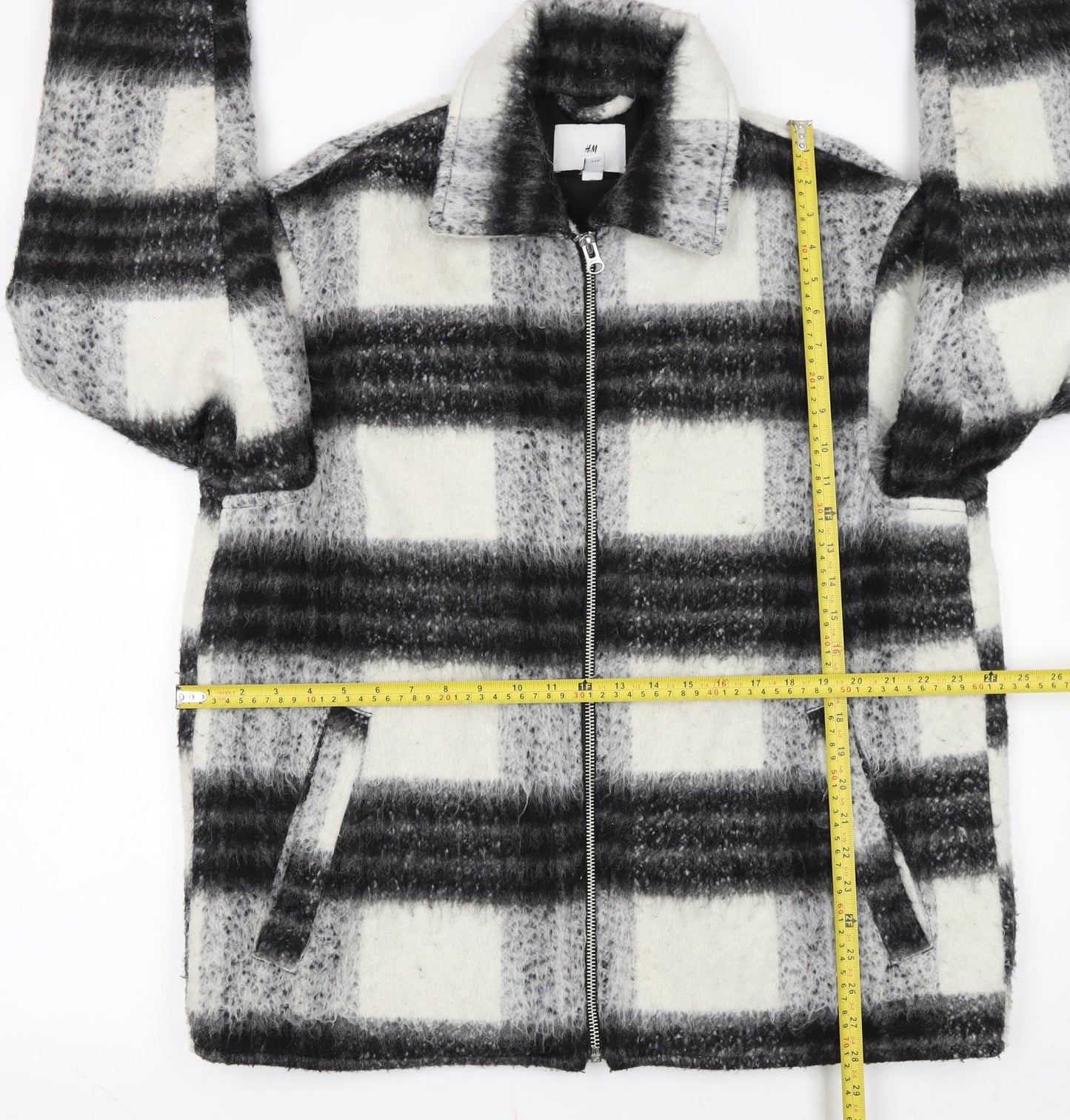H&M Women's Grey Checked Wool Blend Zip Jacket Size L
