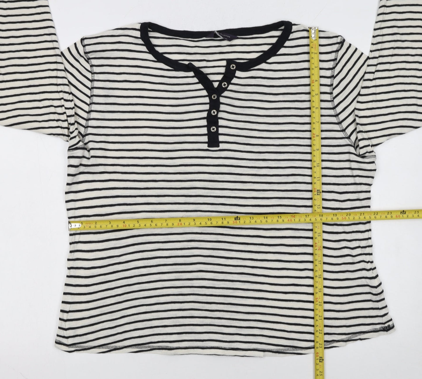 Marks and Spencer Women’s White Stripe Henley Long Sleeve Cotton T-Shirt Size 18