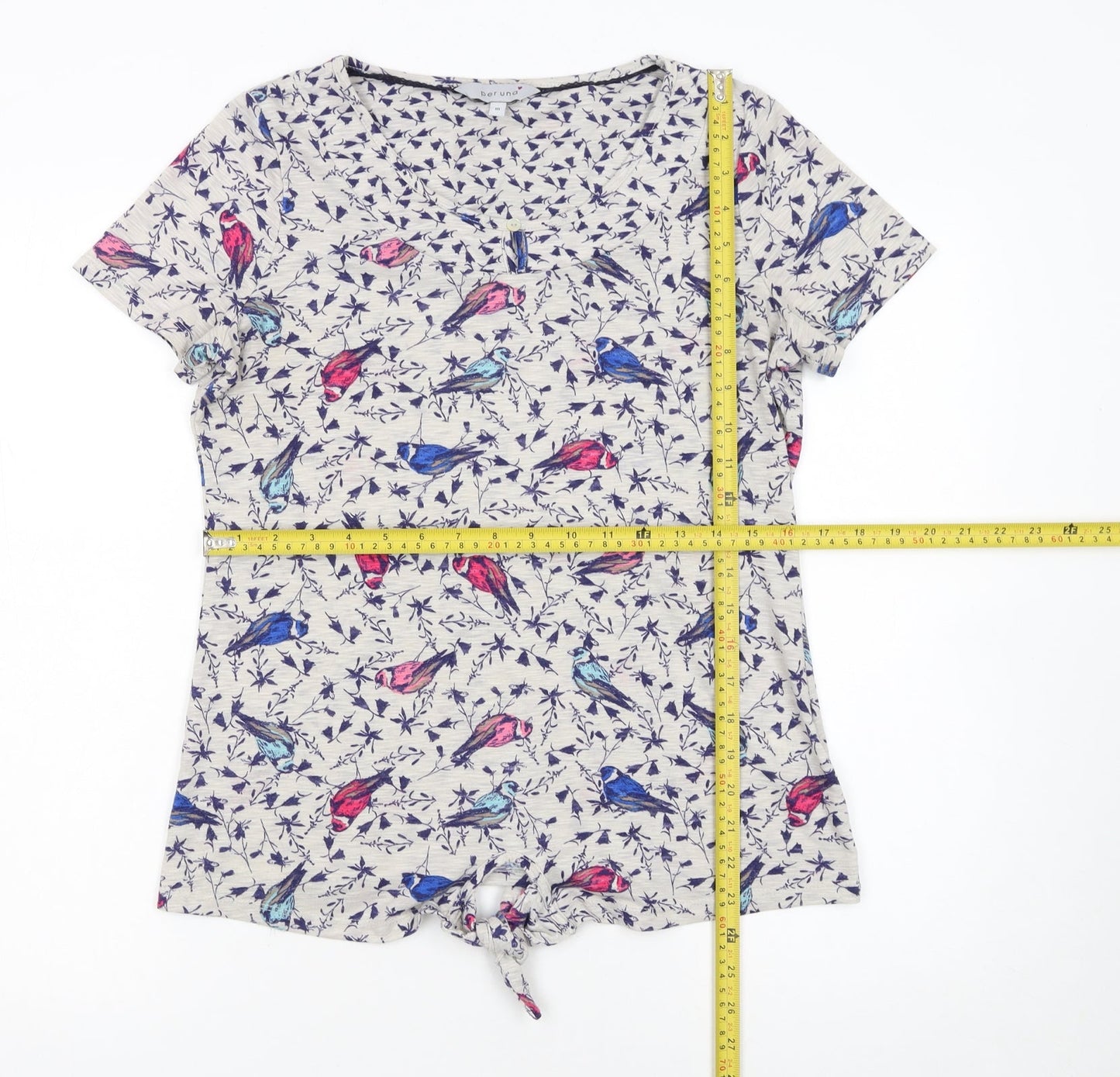 Marks and Spencer Women’s Beige Bird Print Short Sleeve Tie Hem T-Shirt UK 10