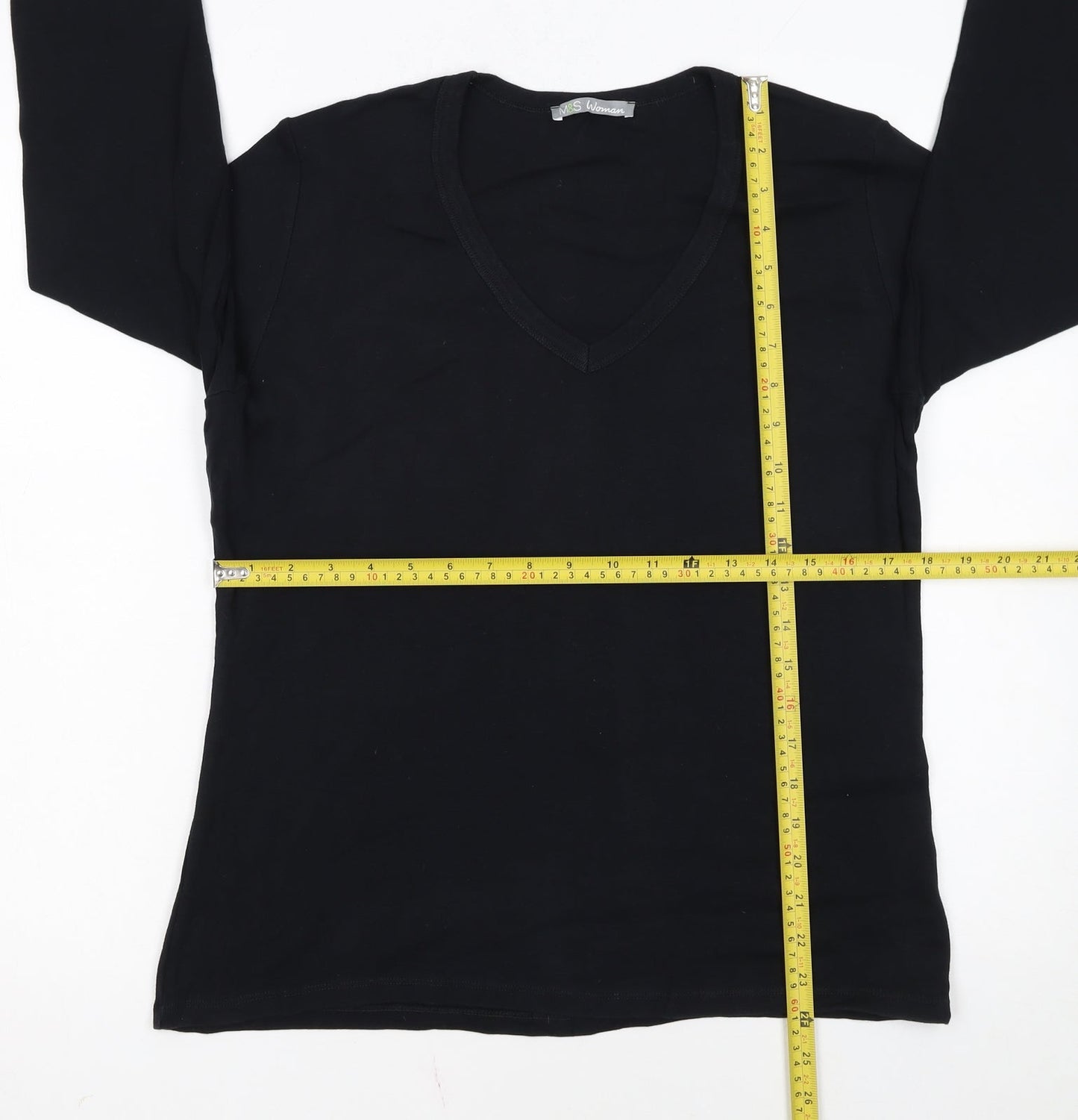 Marks and Spencer Women's Black V-Neck 3/4 Sleeve Cotton T-Shirt UK 18