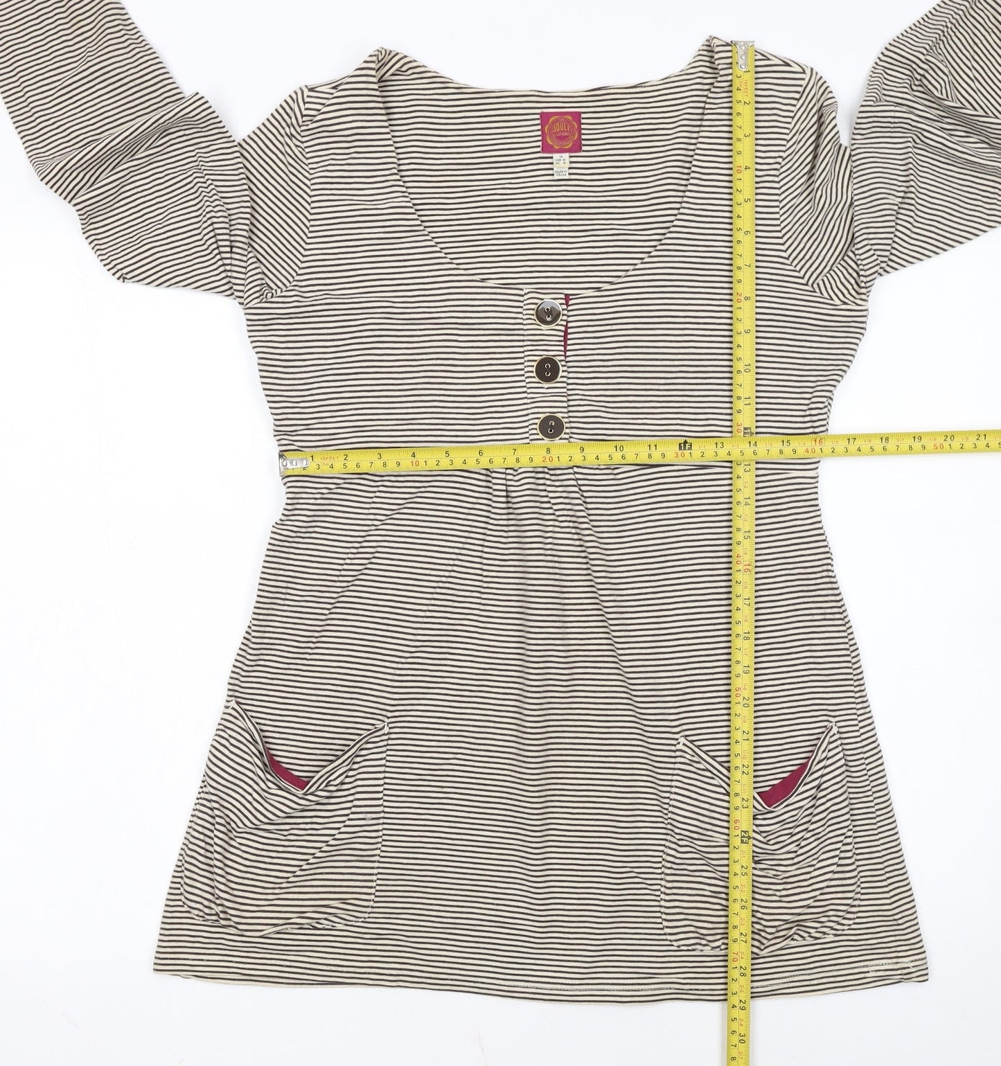 Joules Women’s Beige Striped Tunic Top Size 12 Long Sleeve Cotton