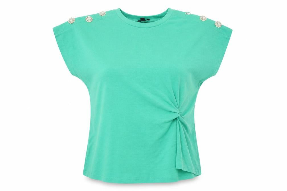 Blue Vanilla Women's Green Beaded Shoulder Crew Neck T-Shirt Size M