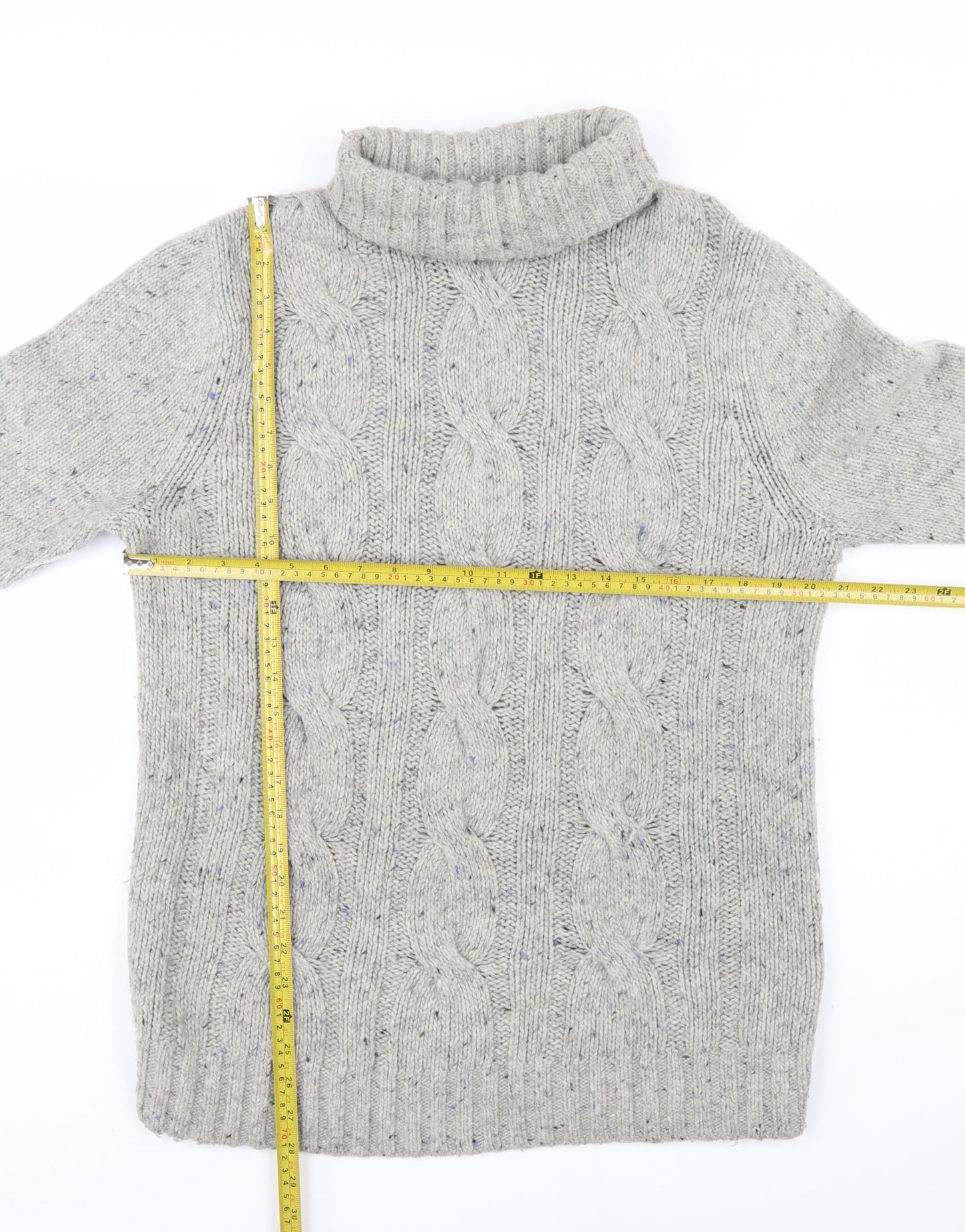 John Partridge Women's Grey Wool Cable-Knit Roll Neck Jumper L