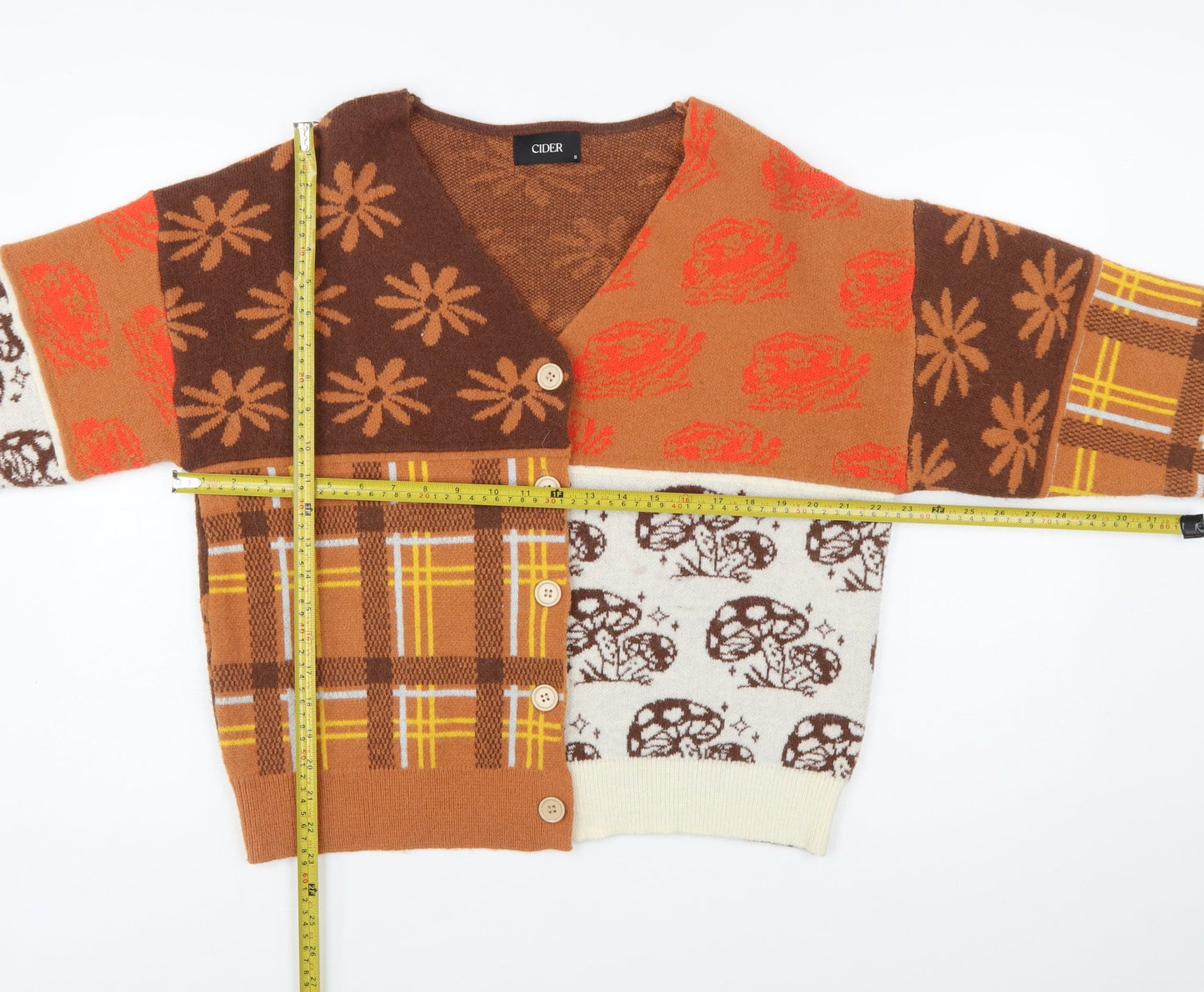 Cider Women Brown Patchwork Knit Cardigan S Retro Floral Plaid V-Neck