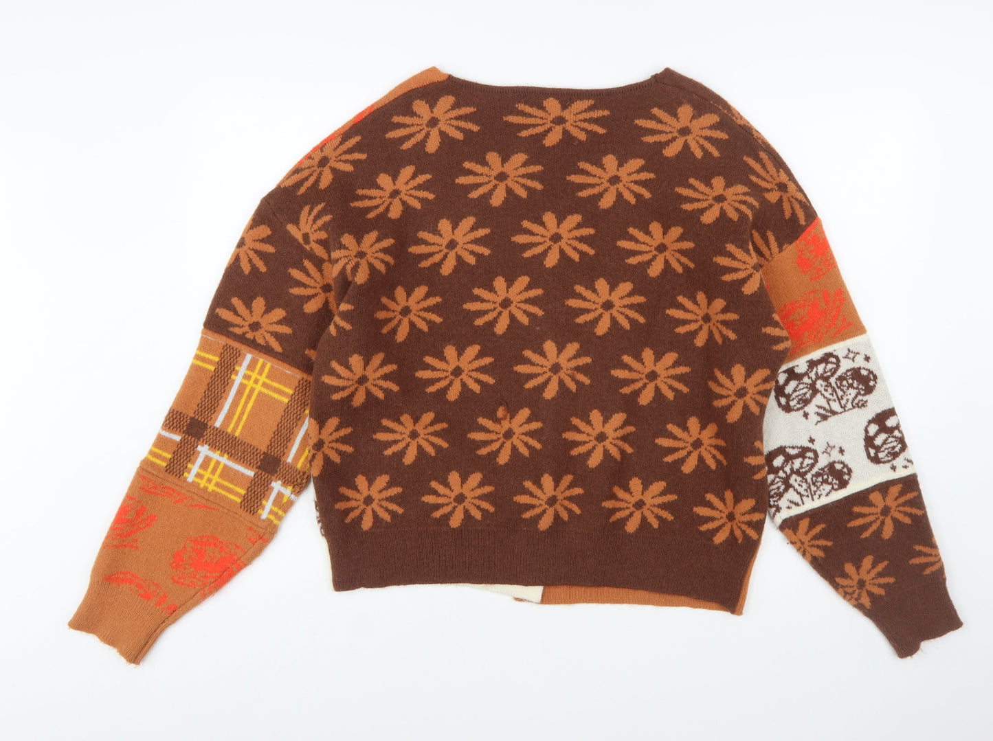 Cider Women Brown Patchwork Knit Cardigan S Retro Floral Plaid V-Neck