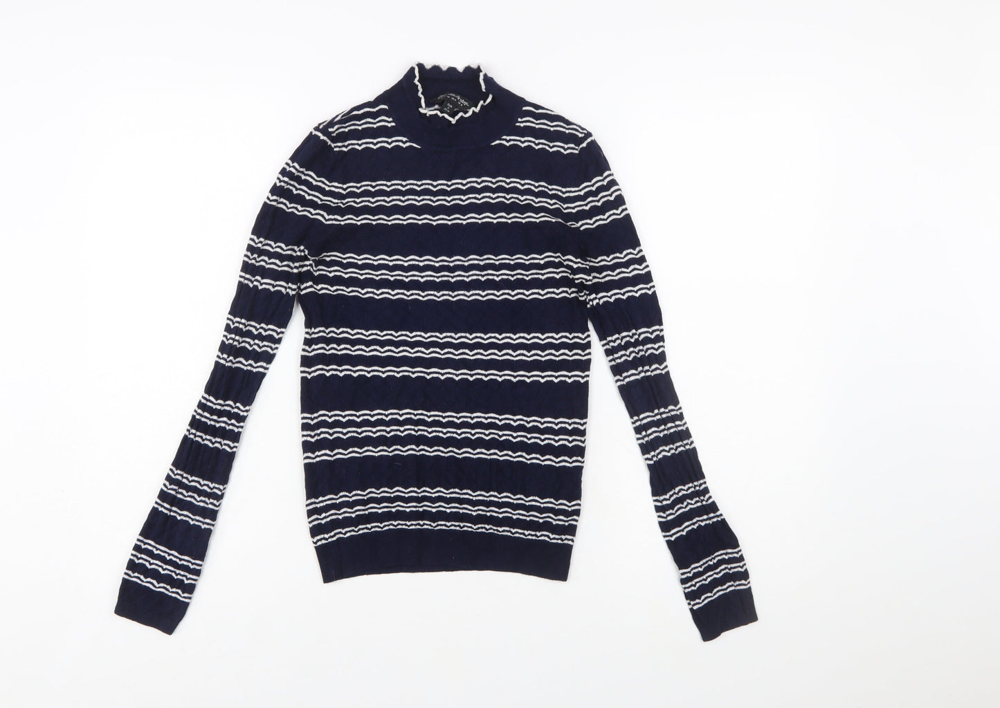 Miss Selfridge Women Blue Striped Mock Neck Slim Fit Jumper Size 8