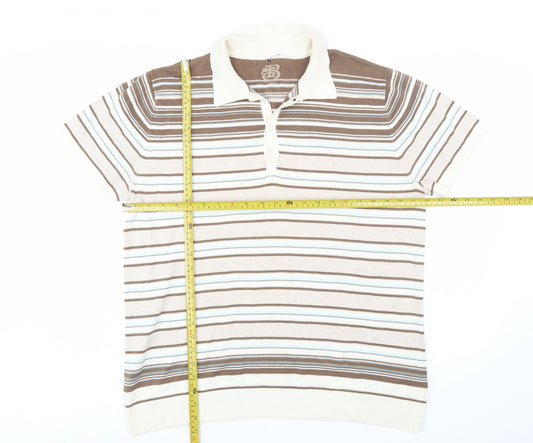 Burton Mens Beige Brown Striped Polo Shirt L Cotton Classic Fit