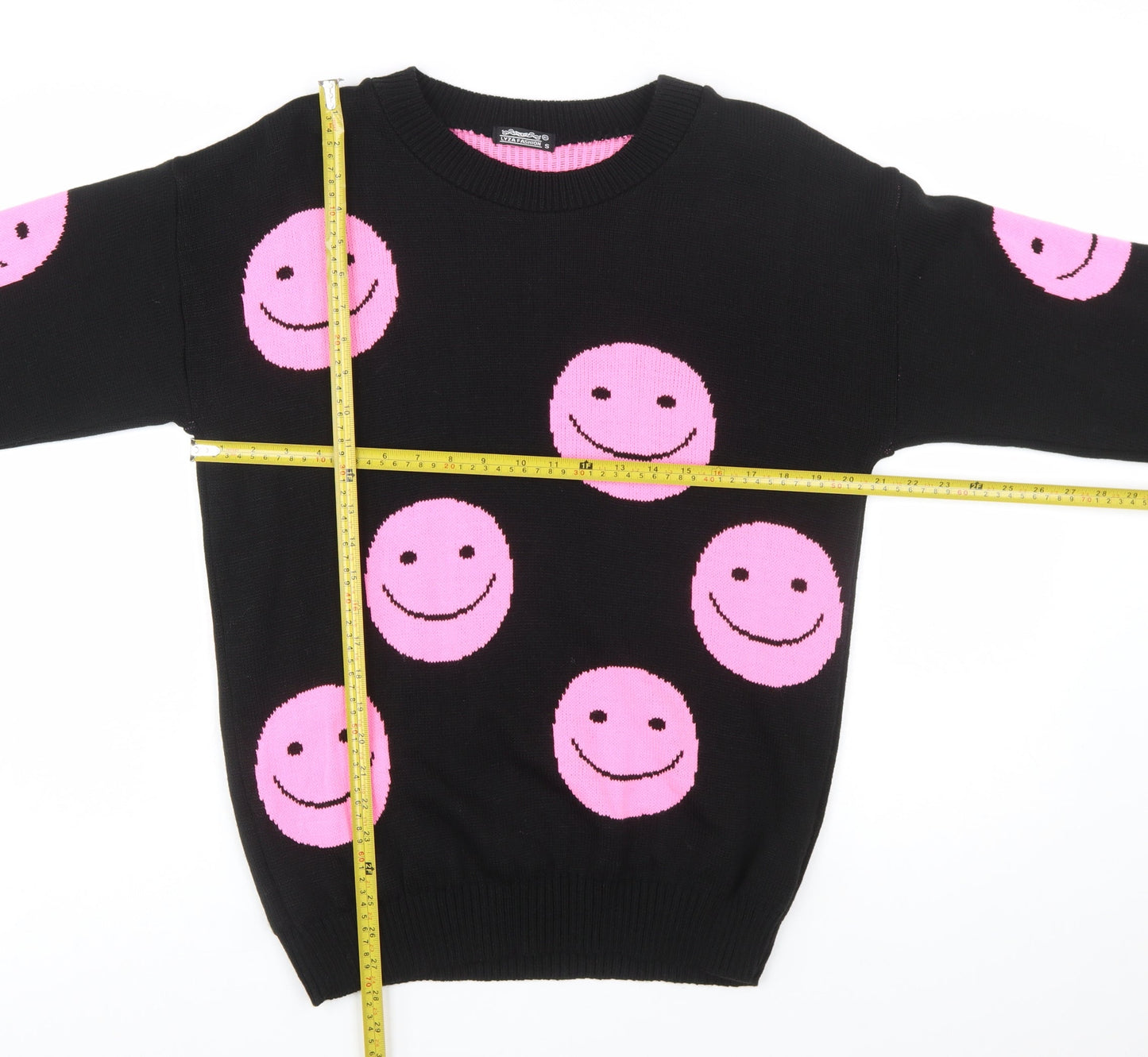 Lyza Fashion Women's Black Pink Smiley Pullover Jumper Size S