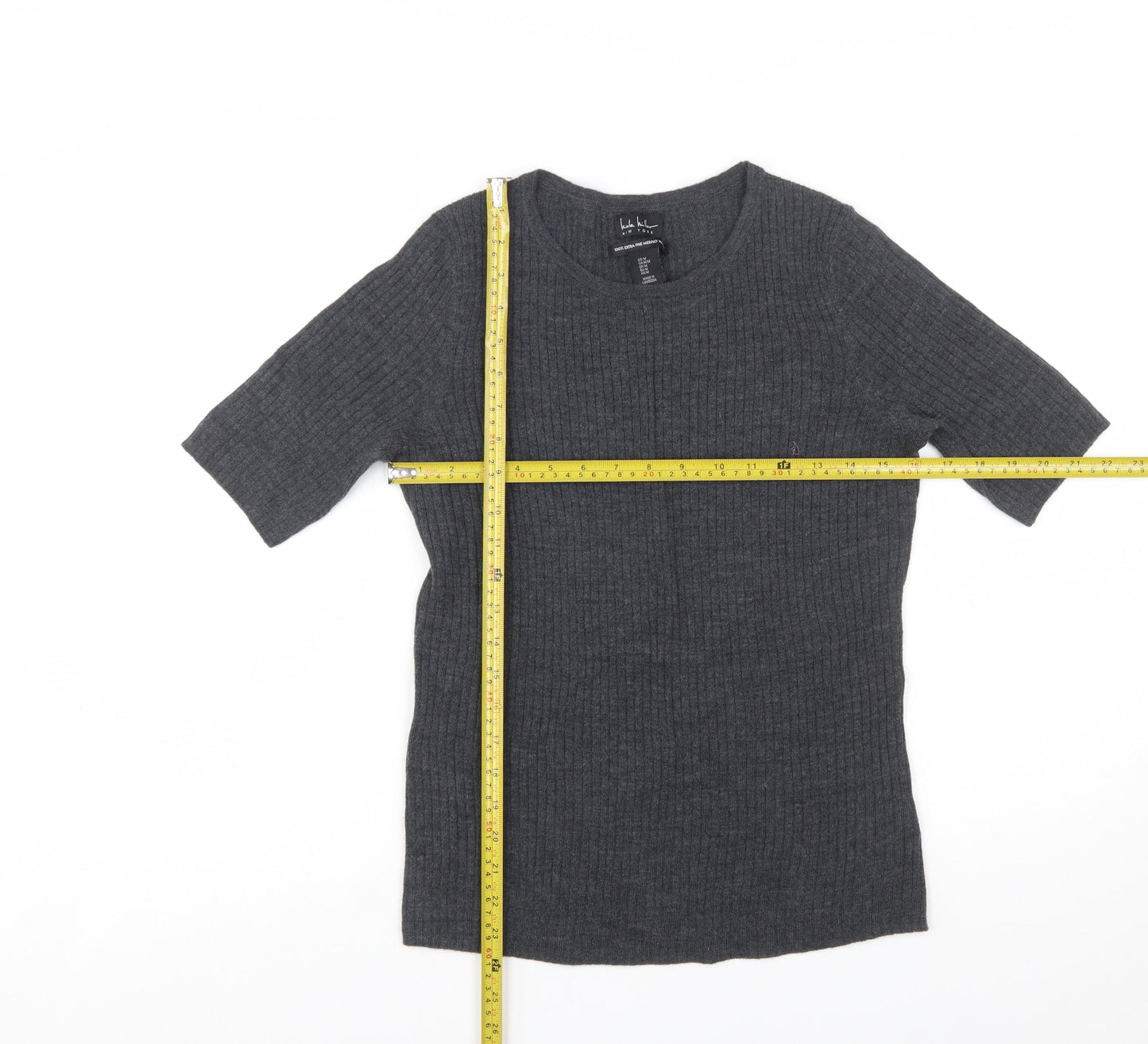 Nicole Miller Women's Grey Merino Wool Ribbed Short Sleeve Jumper M