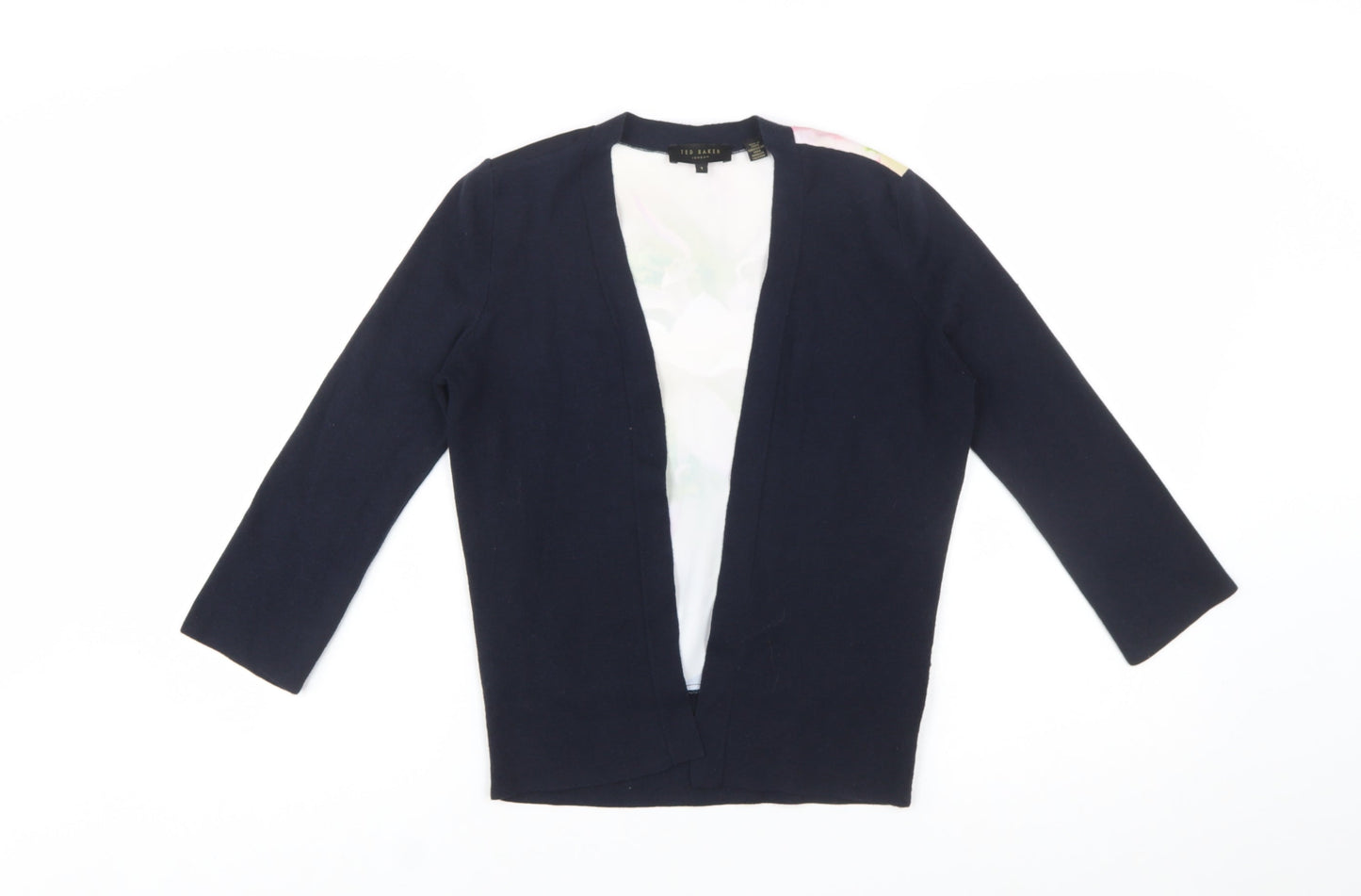 Ted Baker Womens Navy Floral Back Open Cardigan Size S Cotton Silk Blend