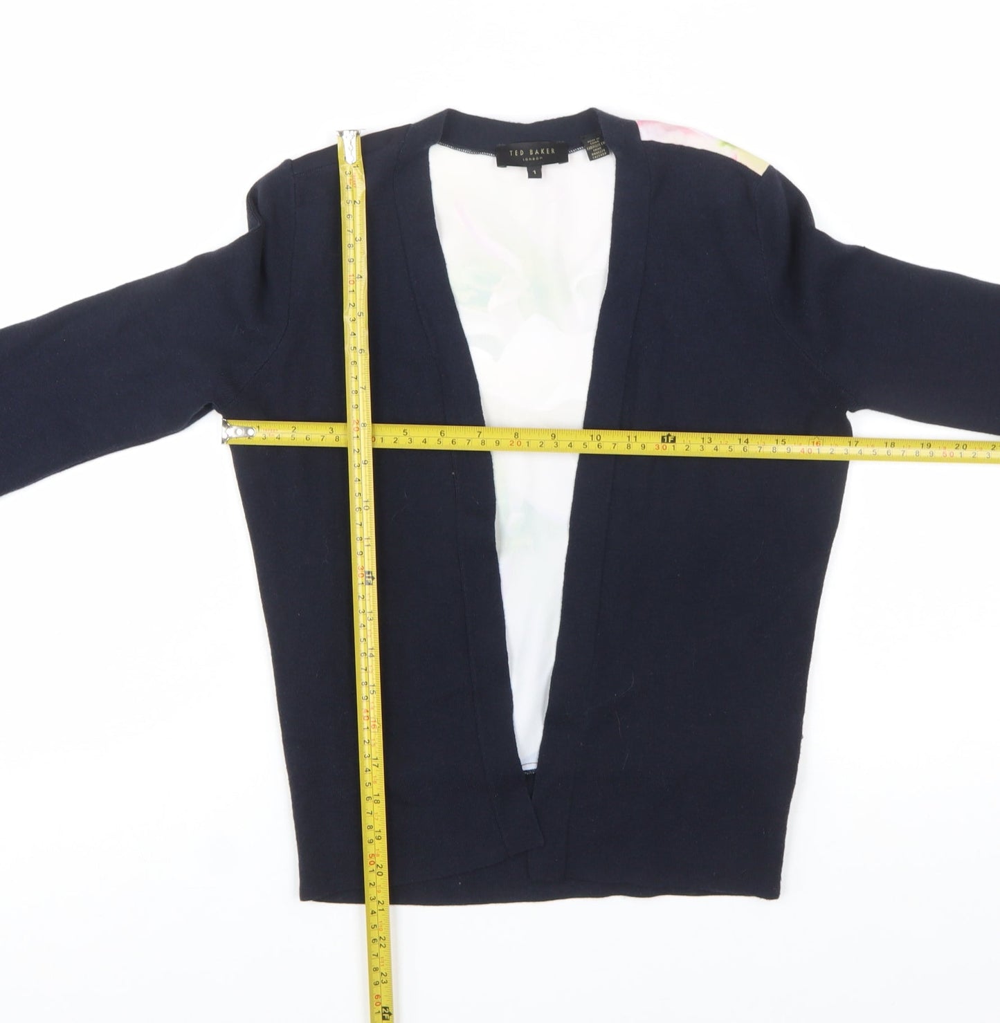 Ted Baker Womens Navy Floral Back Open Cardigan Size S Cotton Silk Blend