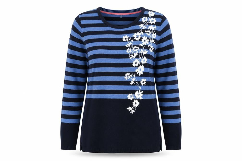 Laura Ashley Women Blue Floral Stripe Jumper Size 14 Knit Pullover
