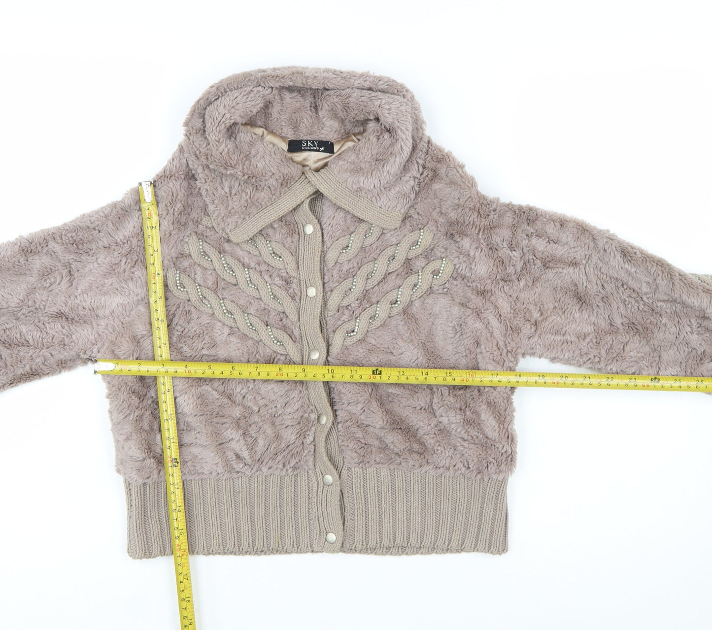 SKY Designs Women Beige Faux Fur Knit Cardigan Size S Collared