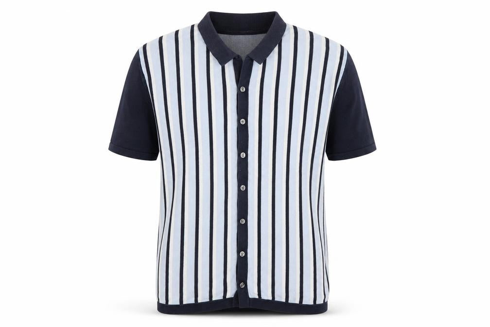 Next Men's Blue Striped Cotton Collared Button Cardigan XL