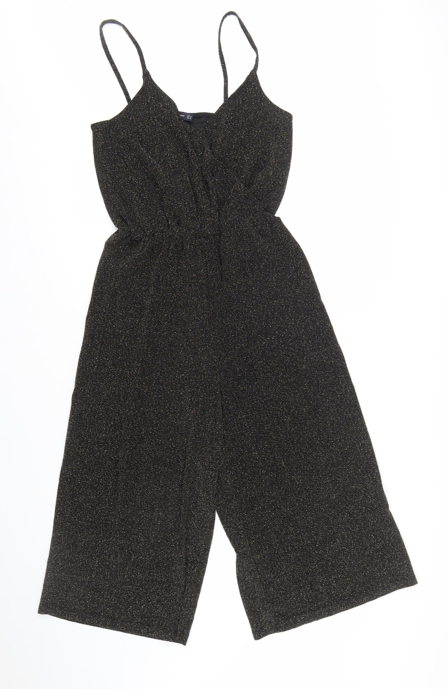 Zara Women Black Glitter Knit Jumpsuit Size 8 V-Neck Wide Leg Partywear