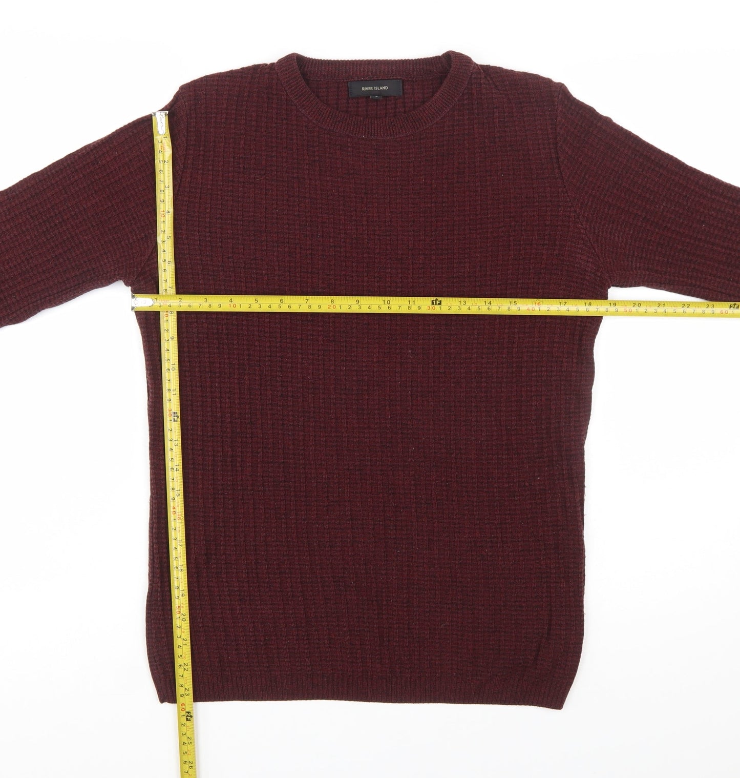 River Island Men's Red Waffle Knit Crew Neck Jumper Size S