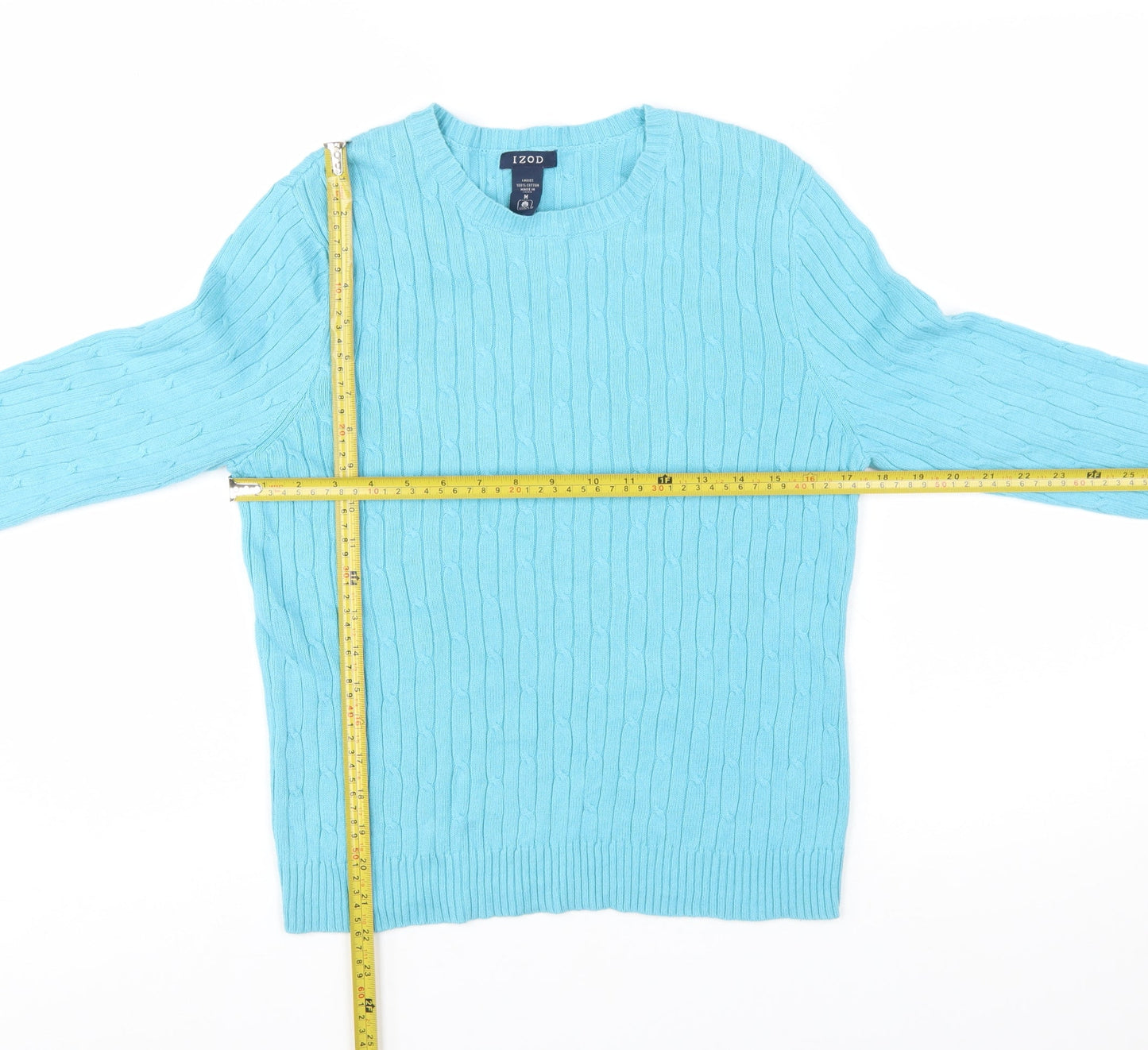 IZOD Womens Blue Cotton Cable Knit Crew Neck Jumper Size M