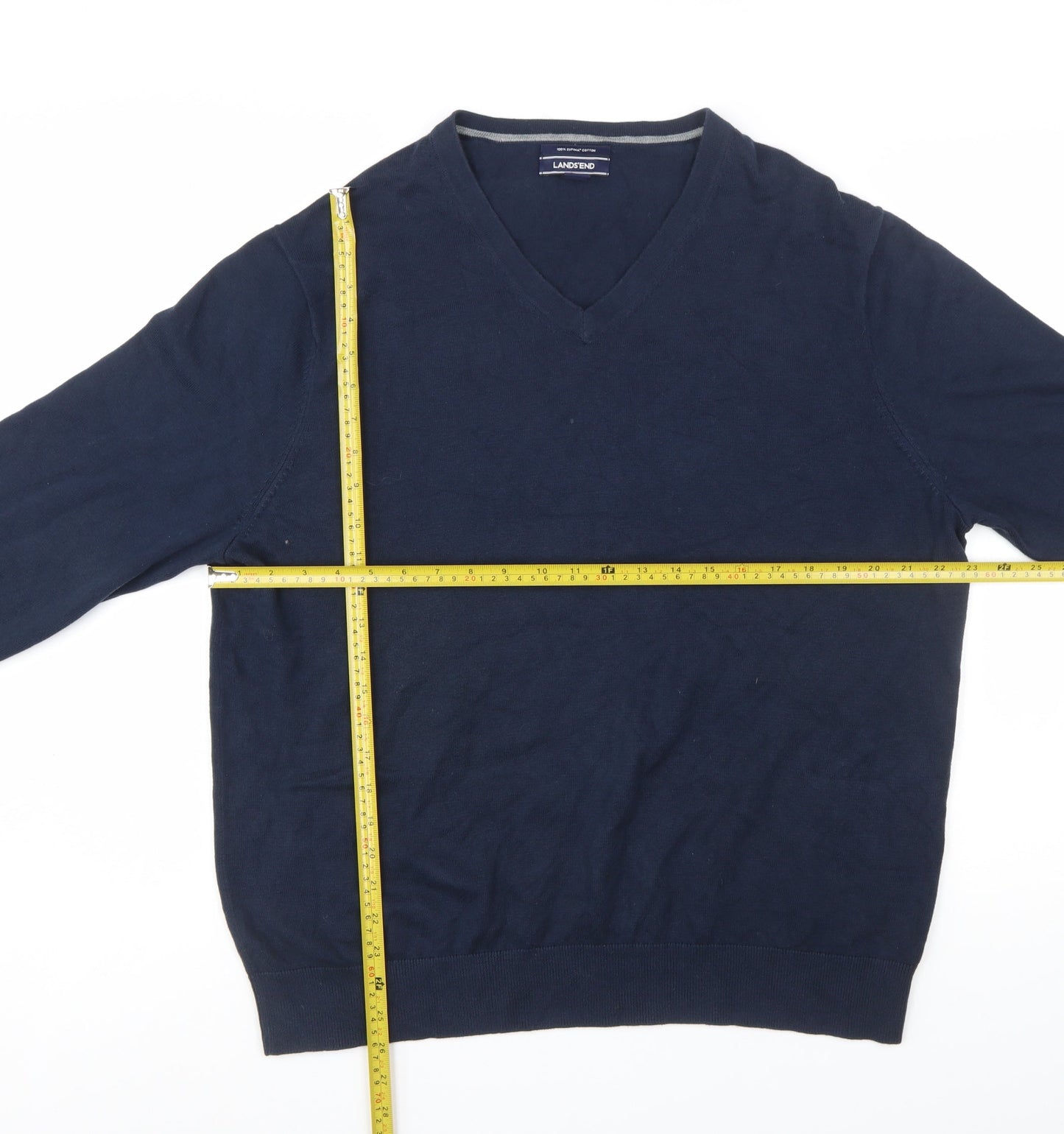 Lands' End Men's Blue Cotton V-Neck Jumper XL Classic Fit