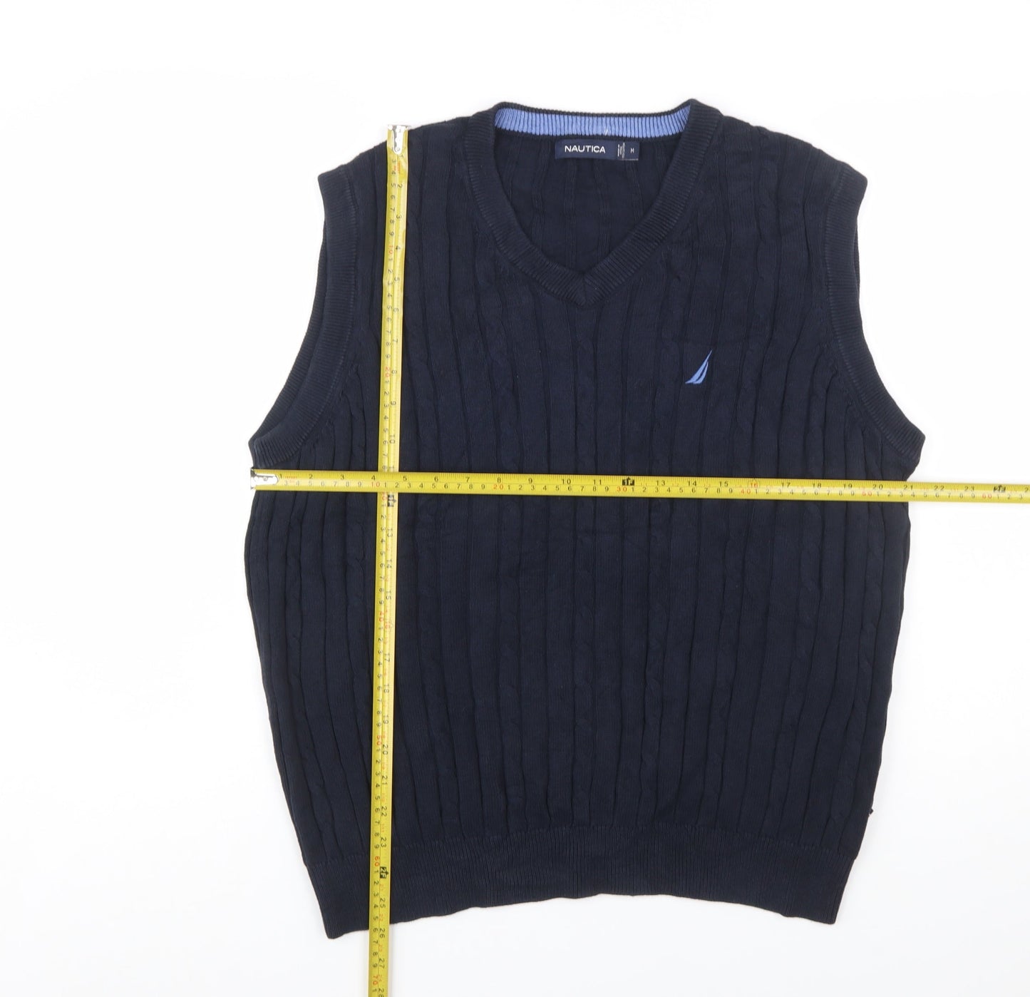 Nautica Men's Blue Cotton Cable-Knit V-Neck Sleeveless Jumper Vest M