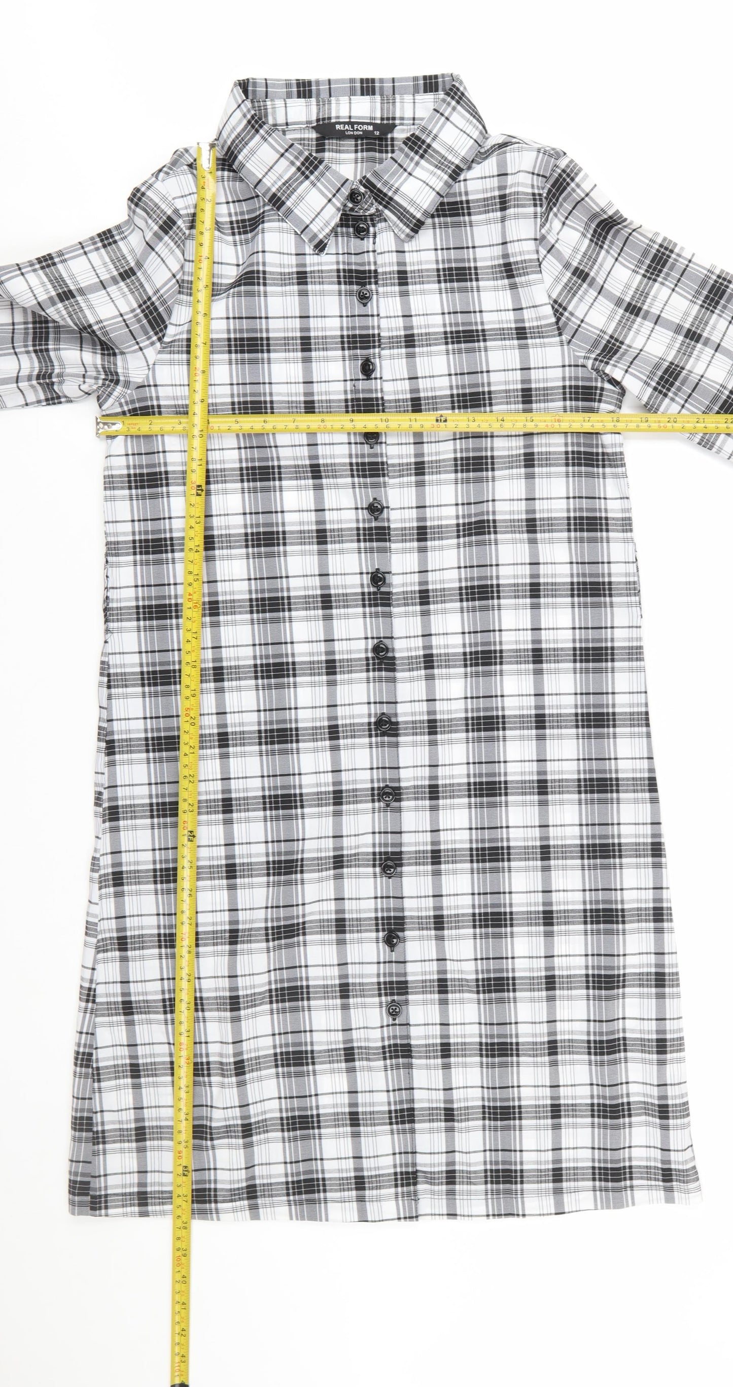 Real Form Women Black Check Shirt Dress Size 12 3/4 Sleeve