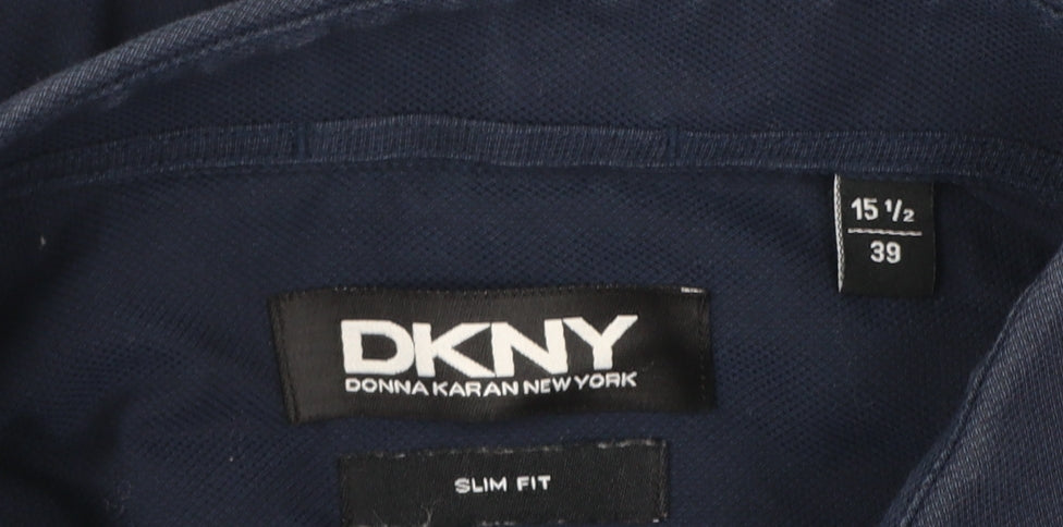 DKNY Men's Blue Slim Fit Long Sleeve Cotton Button-Up Shirt 15.5in