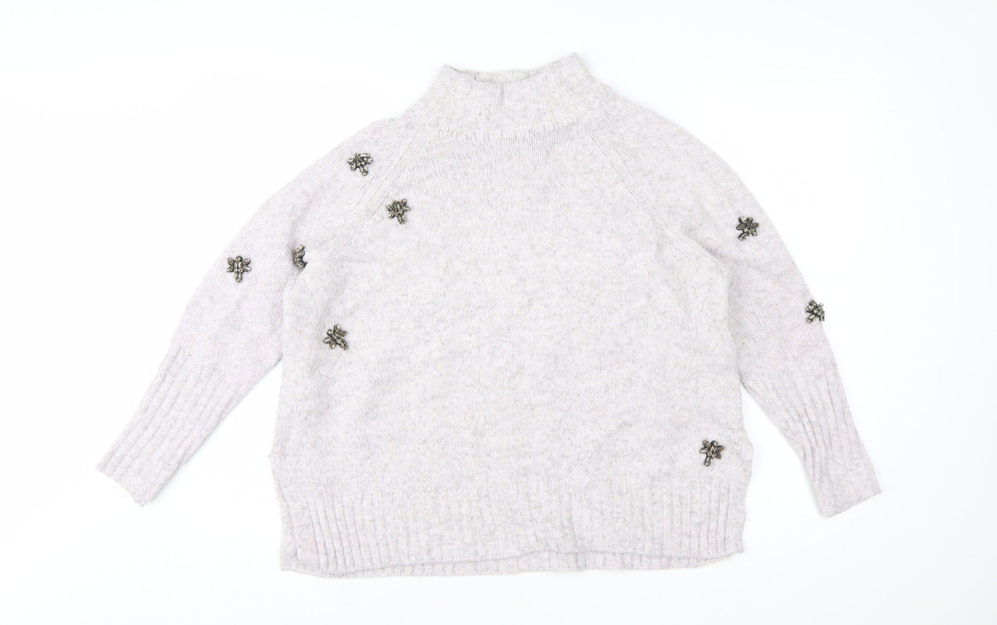 Mint Velvet Women Ivory Beaded Mock Neck Chunky Knit Jumper L