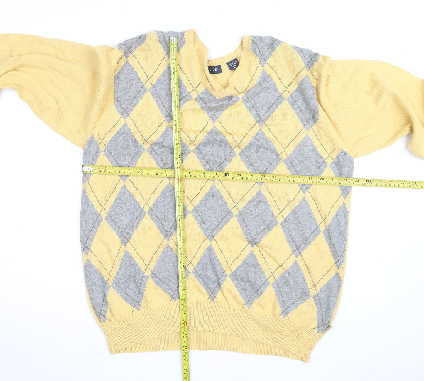 IZOD Men's Yellow Argyle Cotton V-Neck Jumper Size L