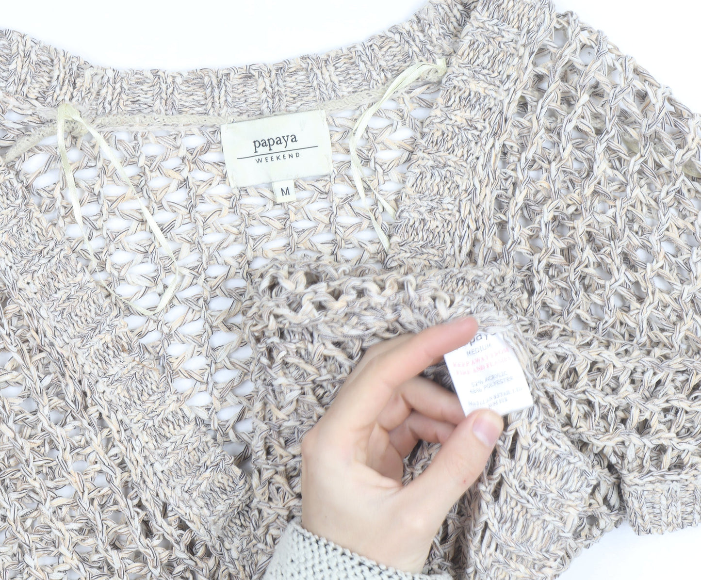 Papaya Women’s Beige Open Knit Short Sleeve Cardigan Medium