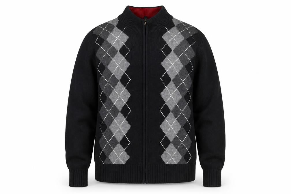 Van Heusen Men's Black Argyle Full Zip Cotton Jumper L