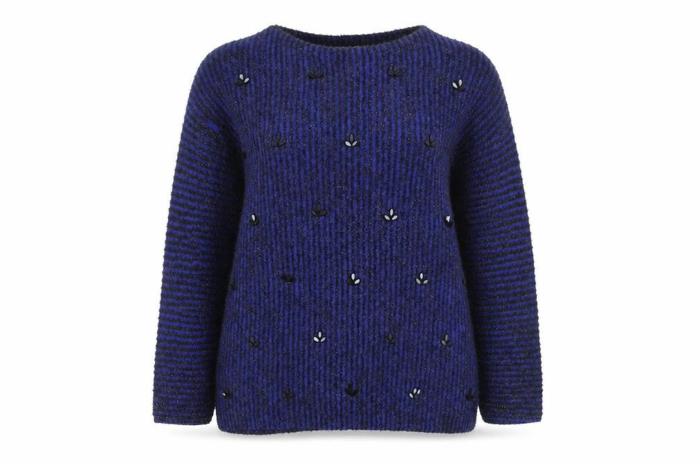 Ruby Rd. Women's Blue Black Striped Beaded Knit Jumper Size M