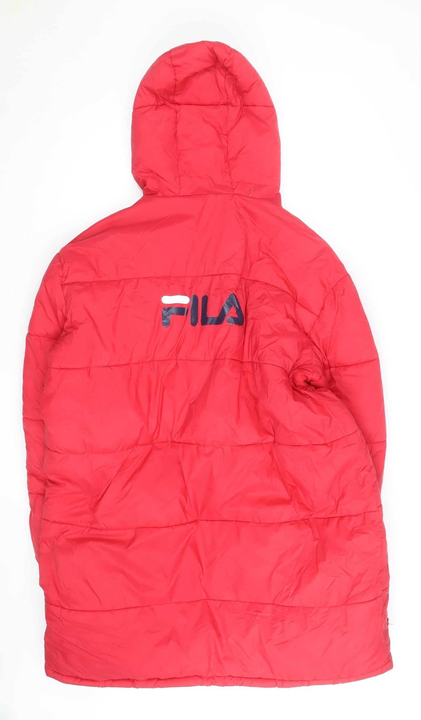 FILA Men's Red Long Puffer Coat Hooded Quilted Insulated L