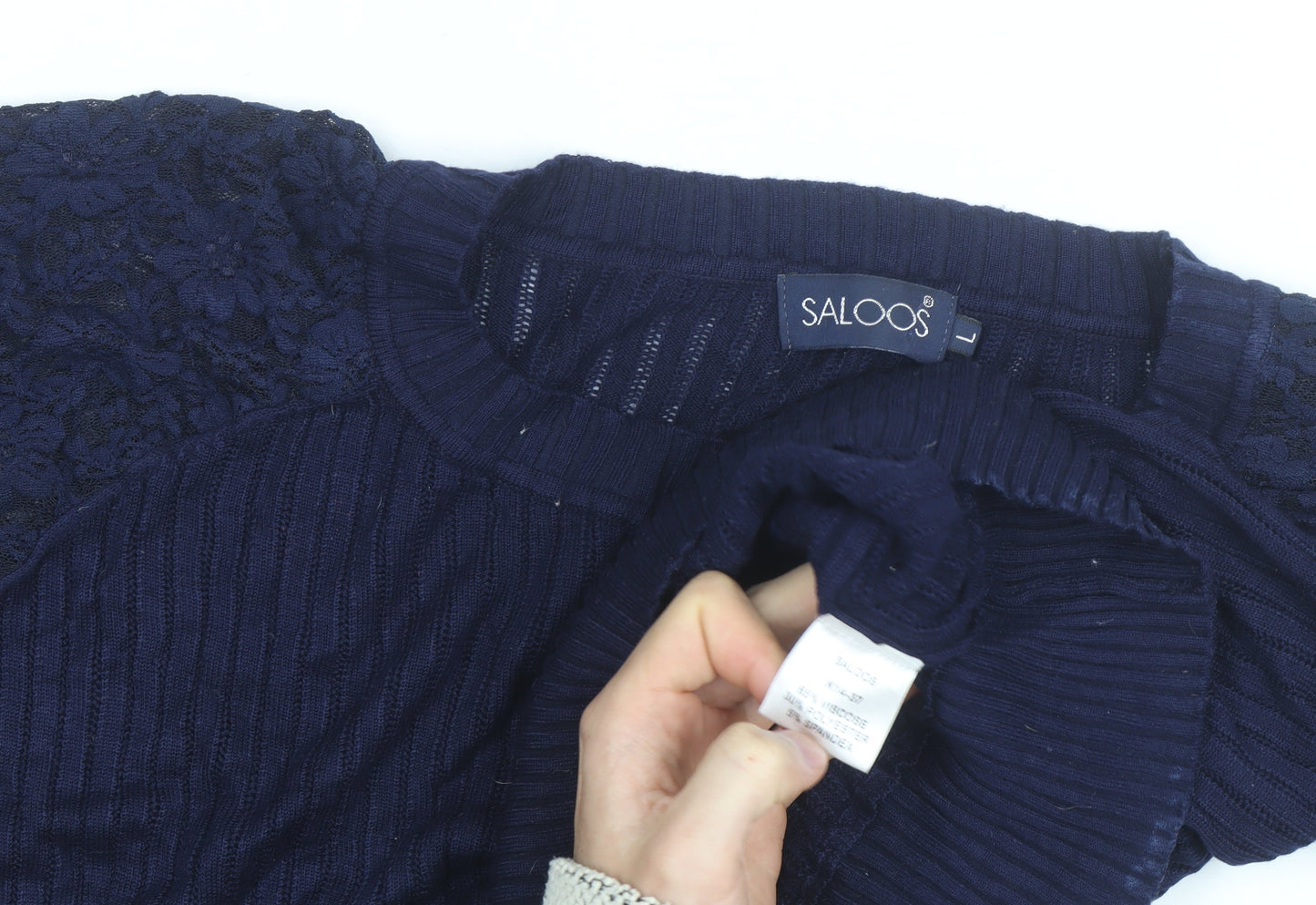 Saloos Women's Navy Blue Lace Puff Sleeve Pullover Jumper Size L